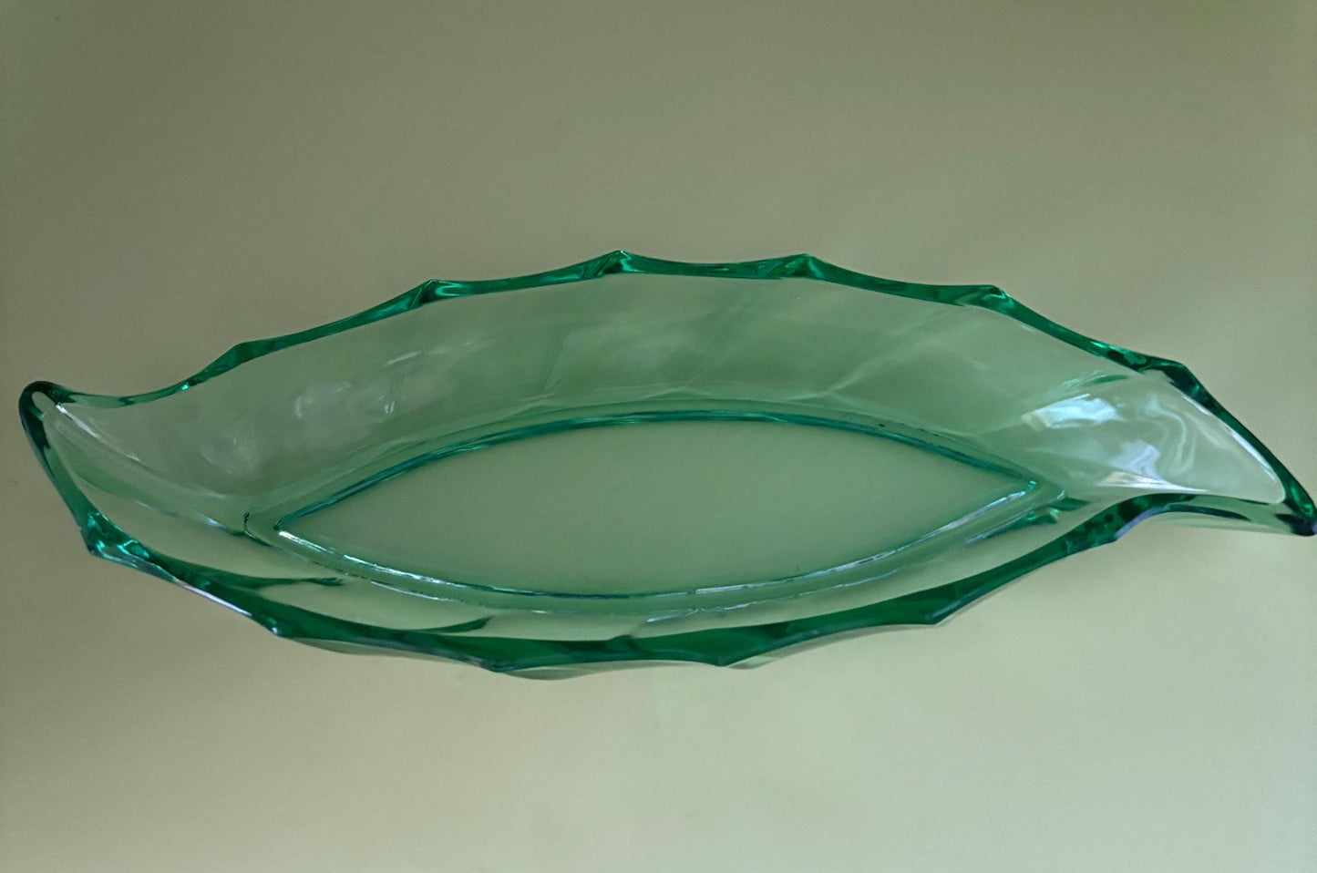 Antique Heisey Glass Green Leaf Bowl 10” long Lover Antiques and Vintage