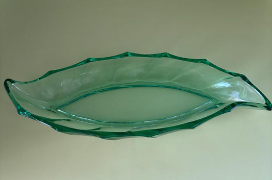 Antique Heisey Glass Green Leaf Bowl 10” long Lover Antiques and Vintage