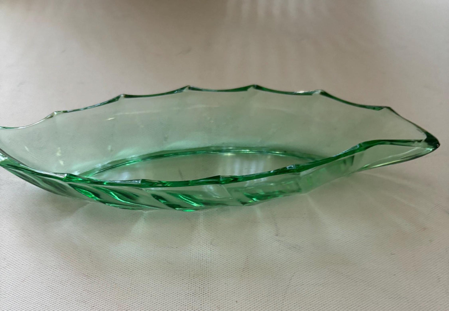 Antique Heisey Glass Green Leaf Bowl 10” long Lover Antiques and Vintage