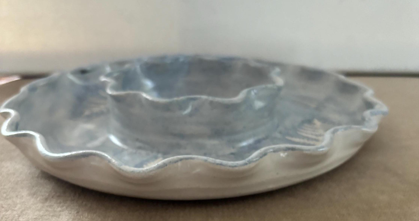 Vintage Blue Stone with Stenciled Leaf Design Bowl Tray Hors d'oeuvre Platter Signed Cape Cod Lilli Lover Antiques and Vintage