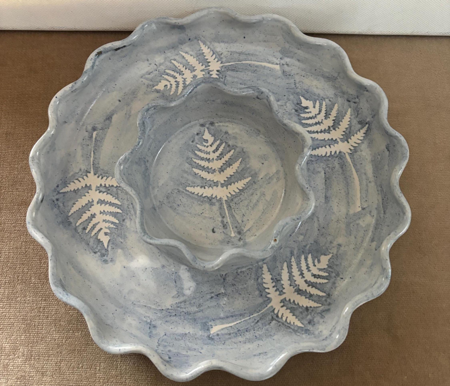 Vintage Blue Stone with Stenciled Leaf Design Bowl Tray Hors d'oeuvre Platter Signed Cape Cod Lilli Lover Antiques and Vintage