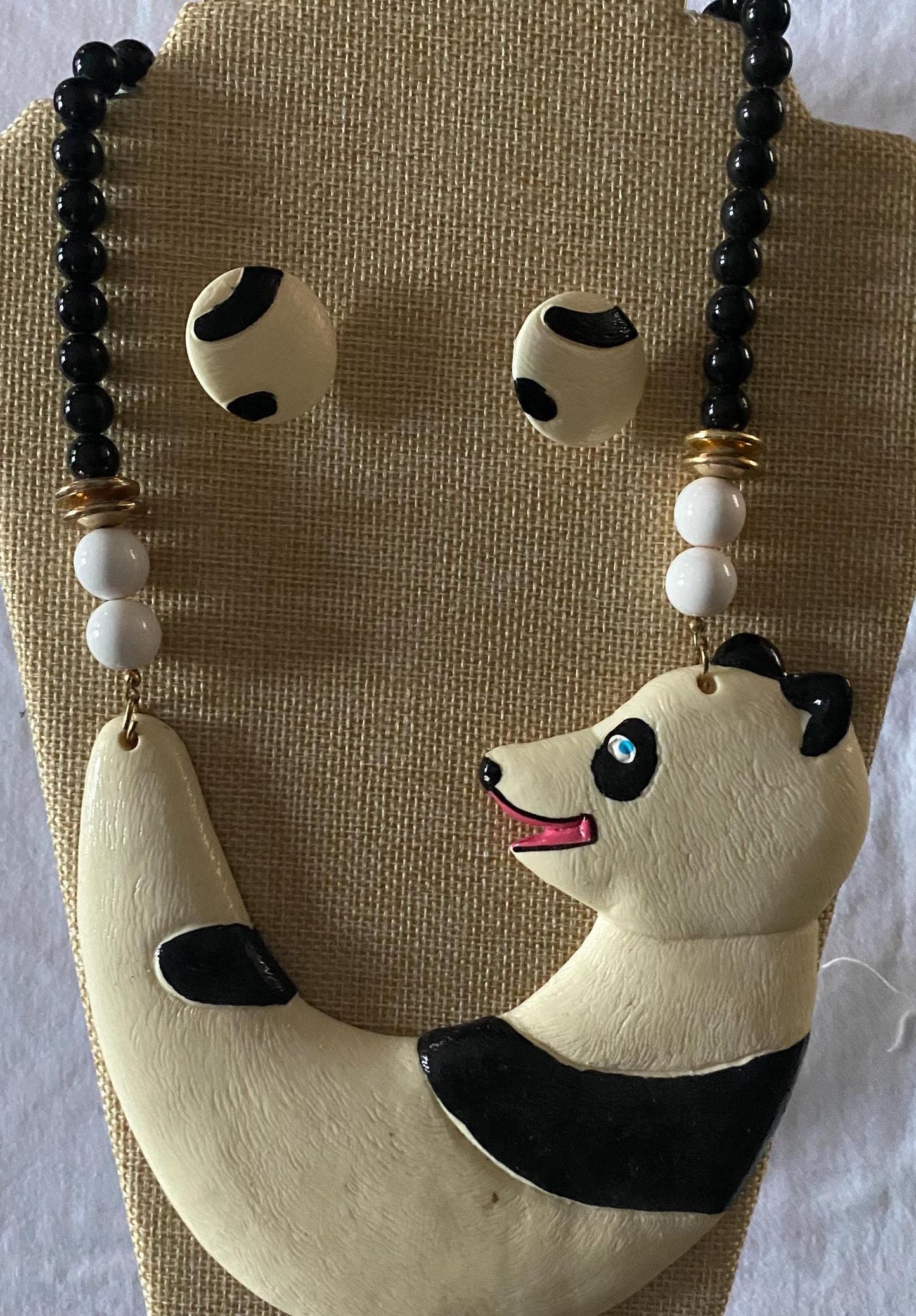 Vintage Panda Bear Figural BIB & Beaded Statement Resin Necklace and Matching Earrings Jewelry Unique Gifts Lover Antiques and Vintage