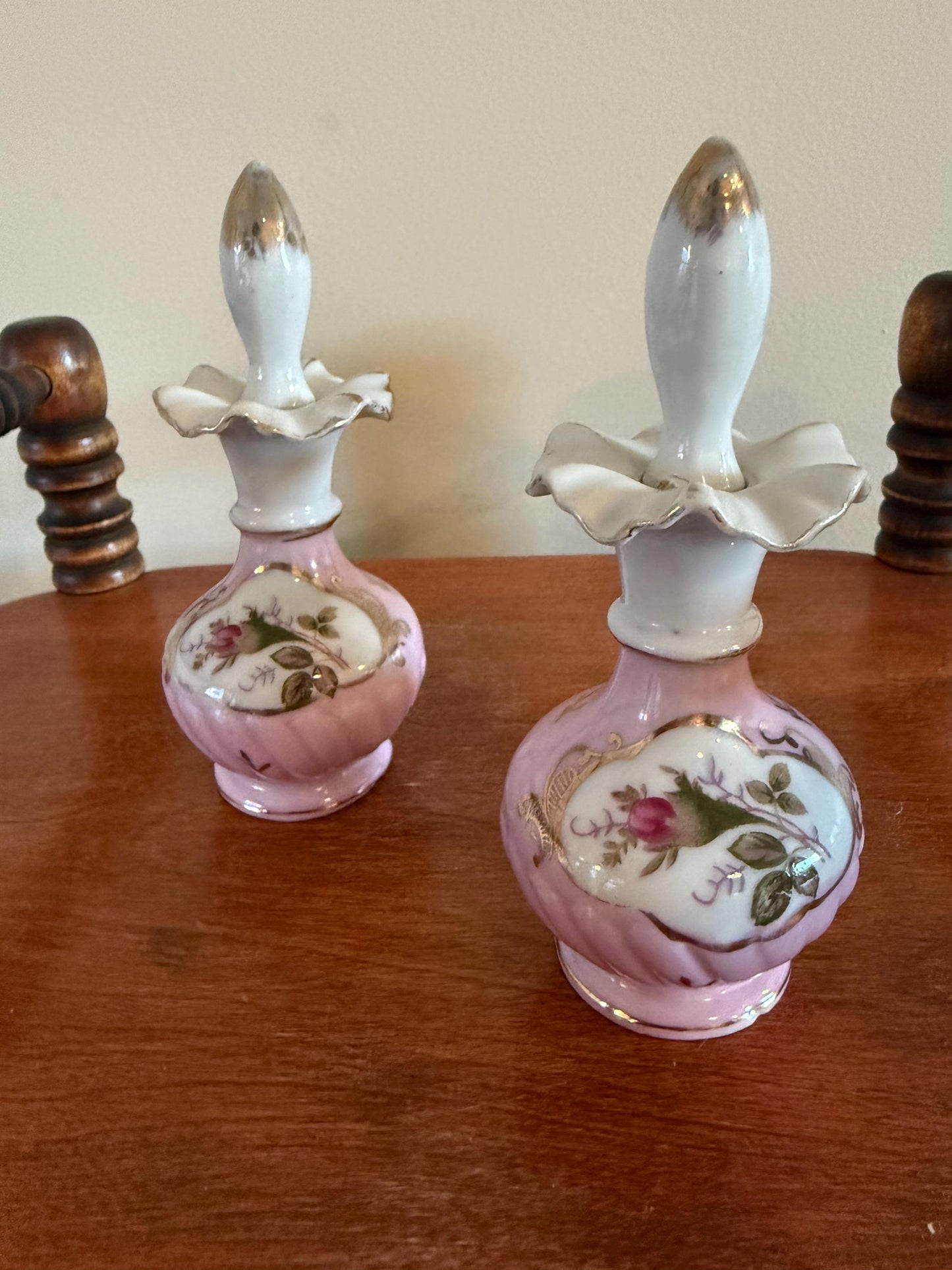 Antique Victorian Pair of Hand Painted Porcelain Bottles with Stopper Ruffled Top Gold Gilding Lover Antiques and Vintage