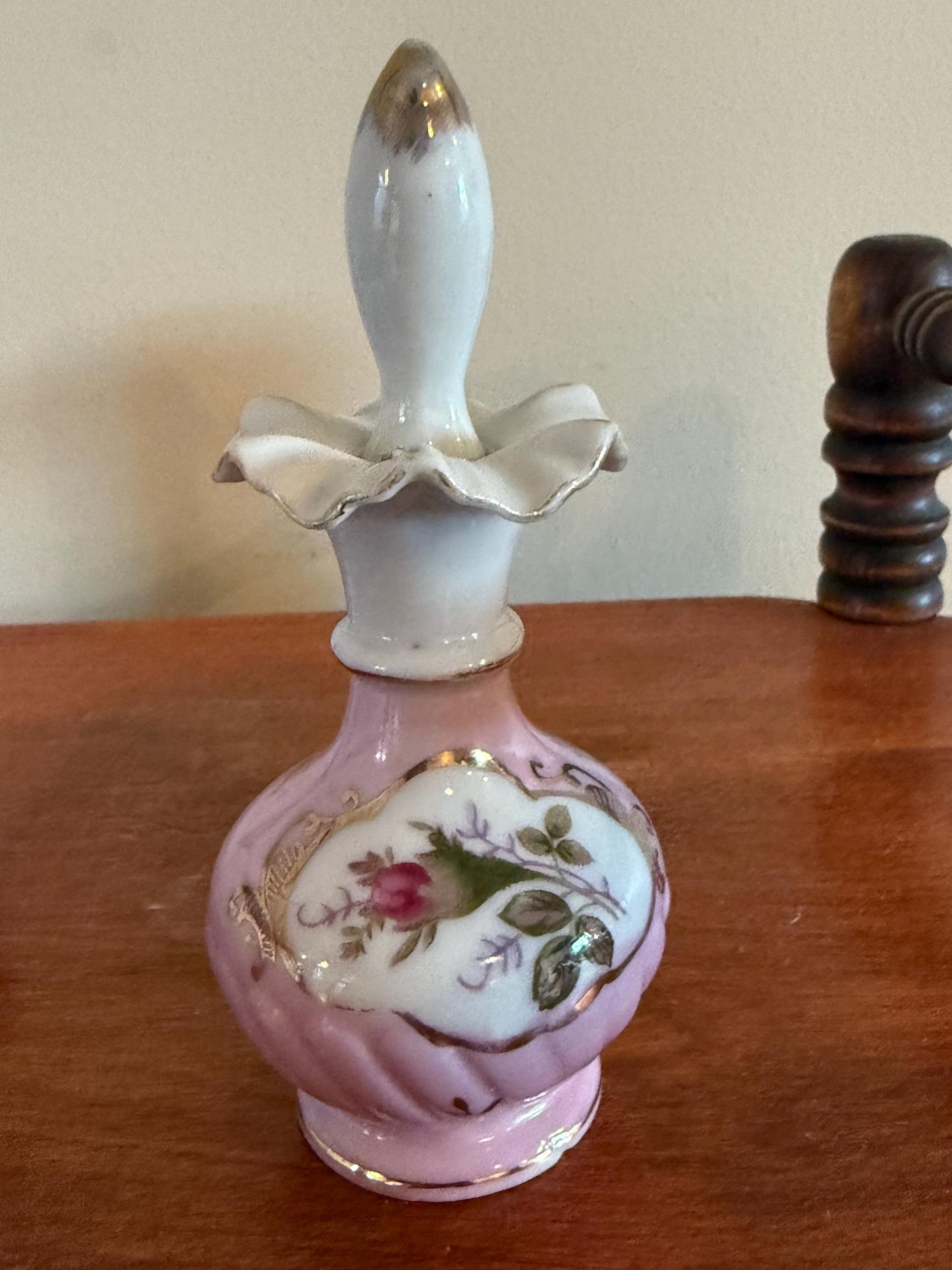 Antique Victorian Pair of Hand Painted Porcelain Bottles with Stopper Ruffled Top Gold Gilding Lover Antiques and Vintage