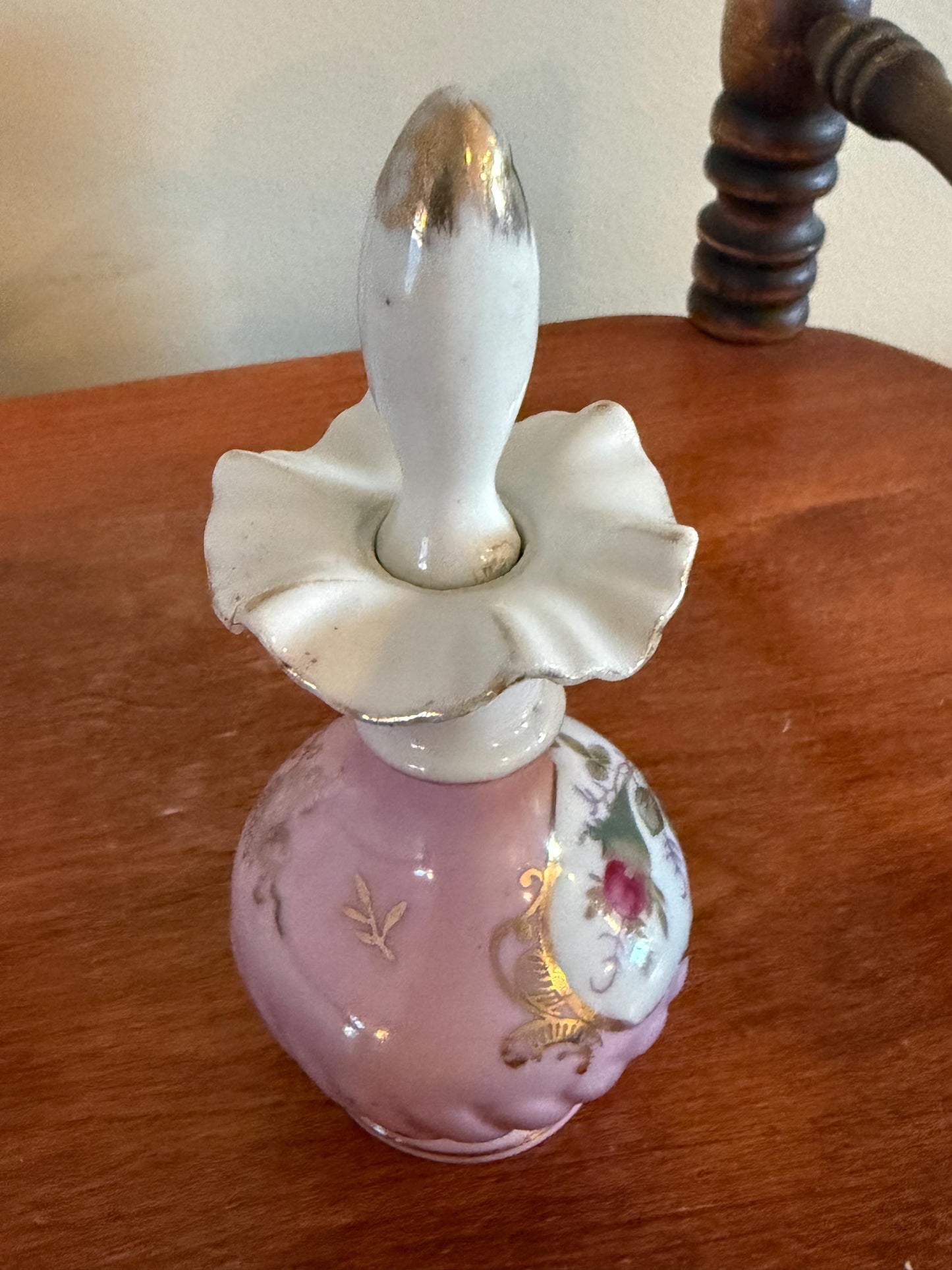 Antique Victorian Pair of Hand Painted Porcelain Bottles with Stopper Ruffled Top Gold Gilding Lover Antiques and Vintage
