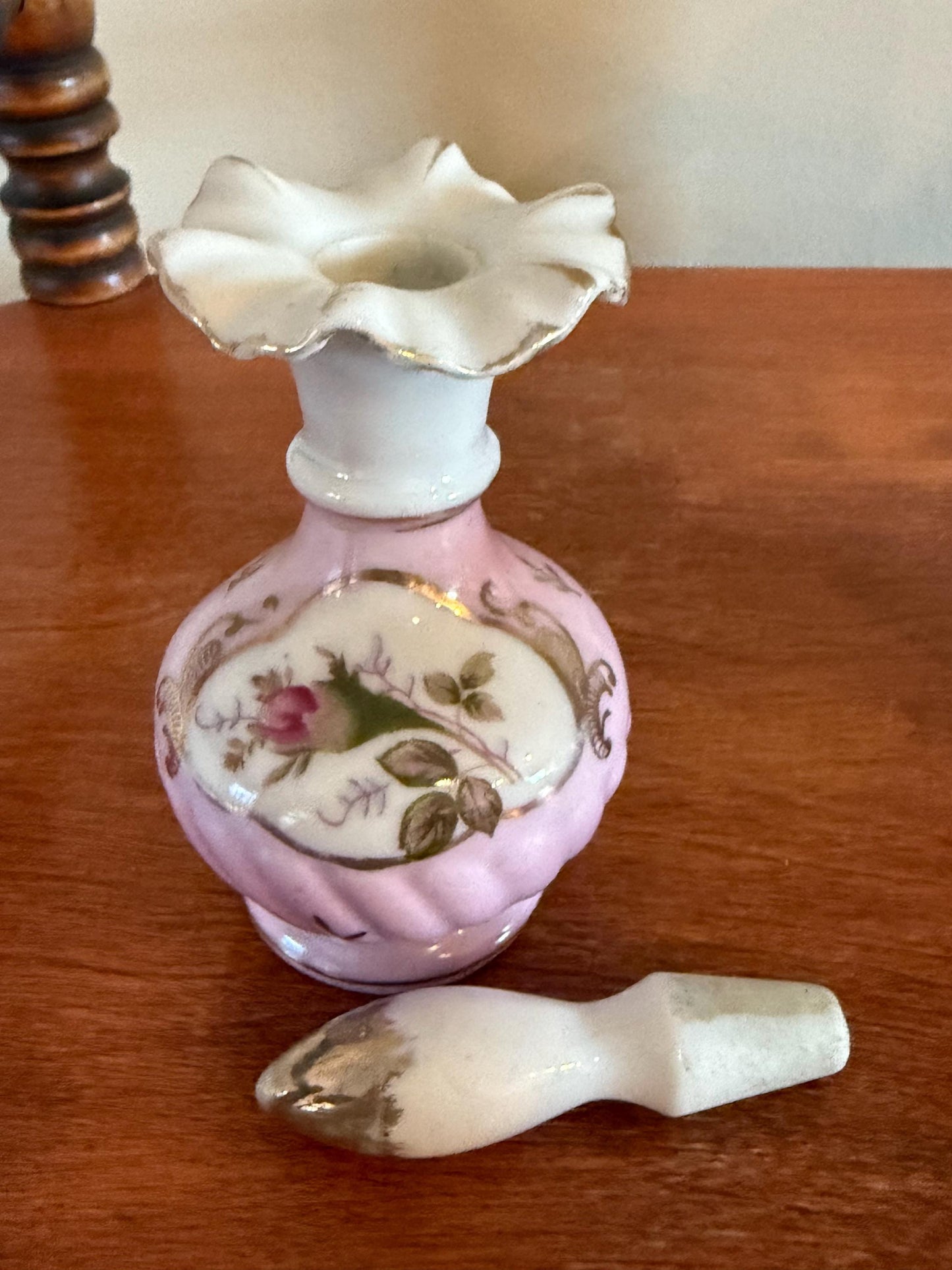 Antique Victorian Pair of Hand Painted Porcelain Bottles with Stopper Ruffled Top Gold Gilding Lover Antiques and Vintage