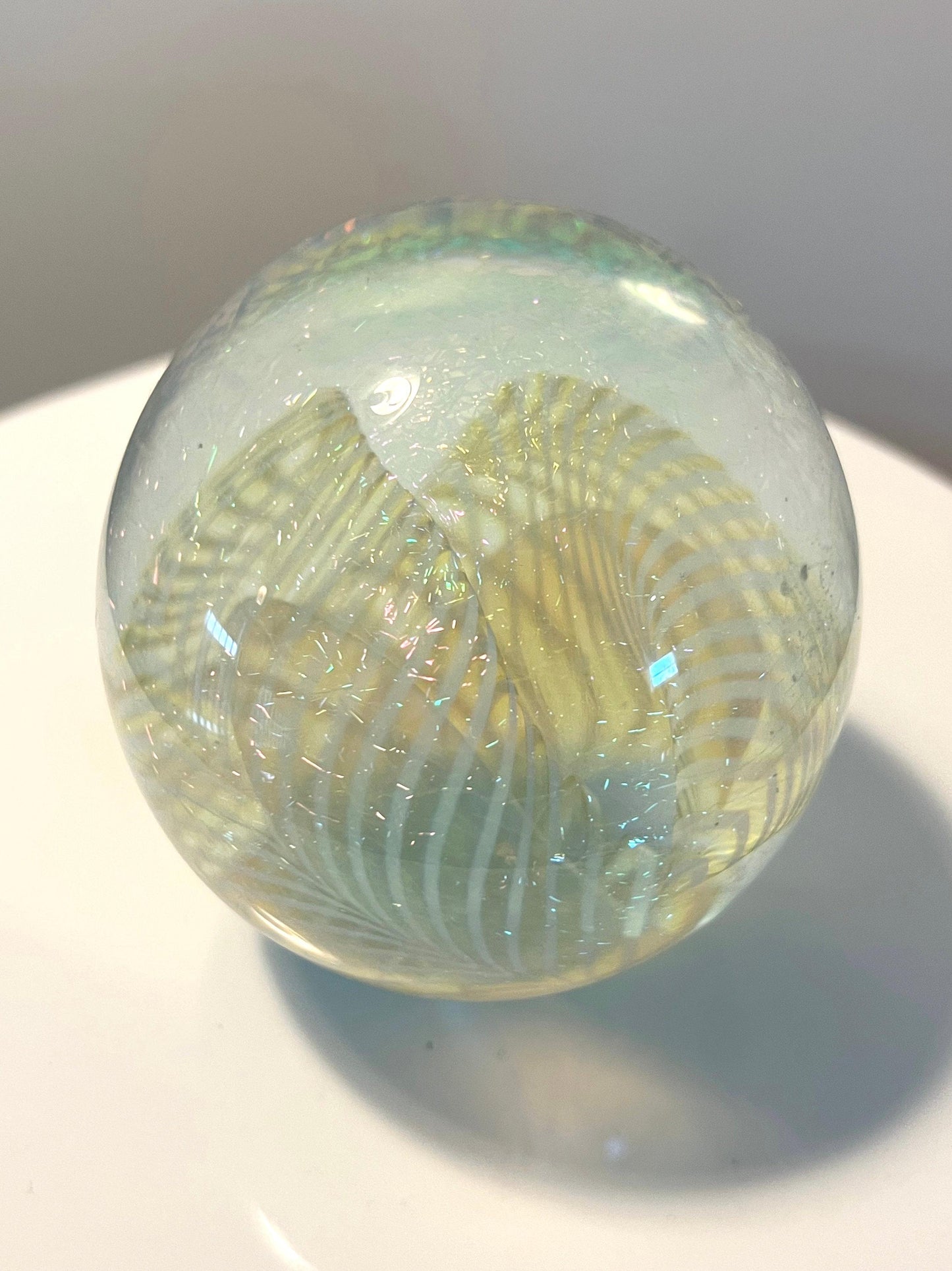 Vintage Robert Eickholt Dichroic Glass Art Paperweight layered glass hues of metallic sparkle Lover Antiques