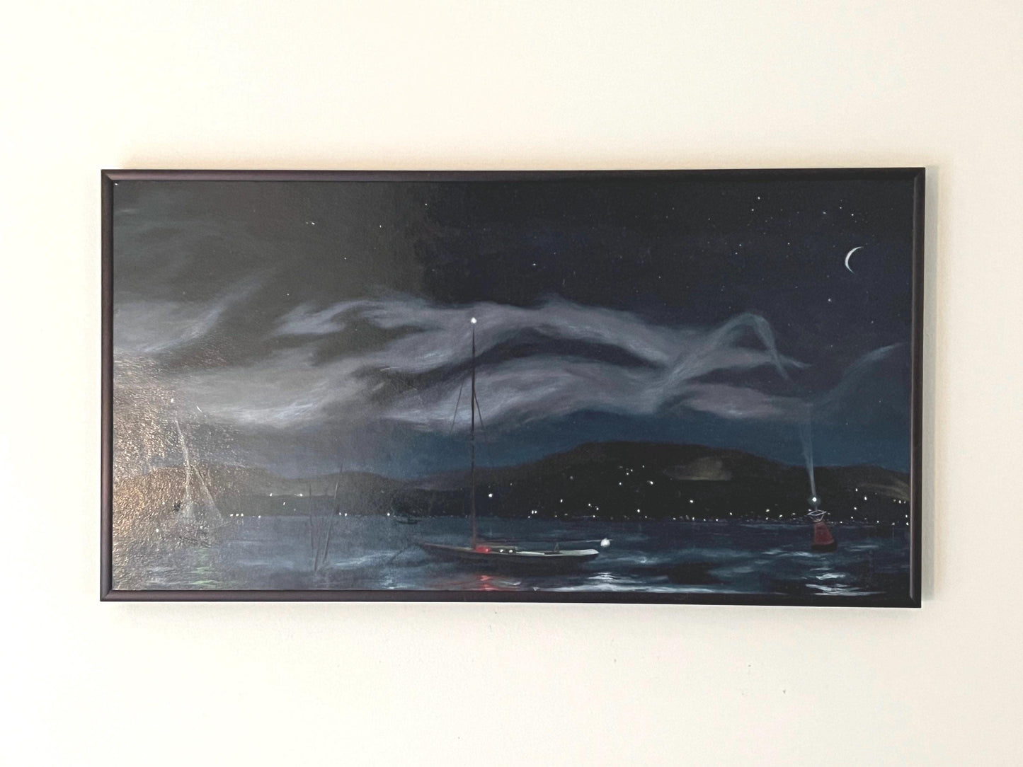 Vintage Boat at Night Hand Painted Painting signed by Artist Robert P. Schweitzer Mid Century Modern Artwork