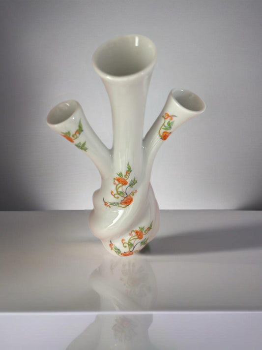 Vintage Limoges of France Three Finger Vase Hand Painted Triple Bud Vase Red Flowers Lover Antiques and Vintage