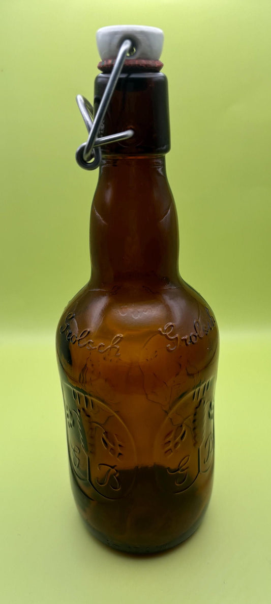 Vintage Grolsch Beer Bottle Dark Brown Amber Glass Bottle Orange Glass Jar Embossed Glass Swing Top Porcelain Cap Lover Antiques
