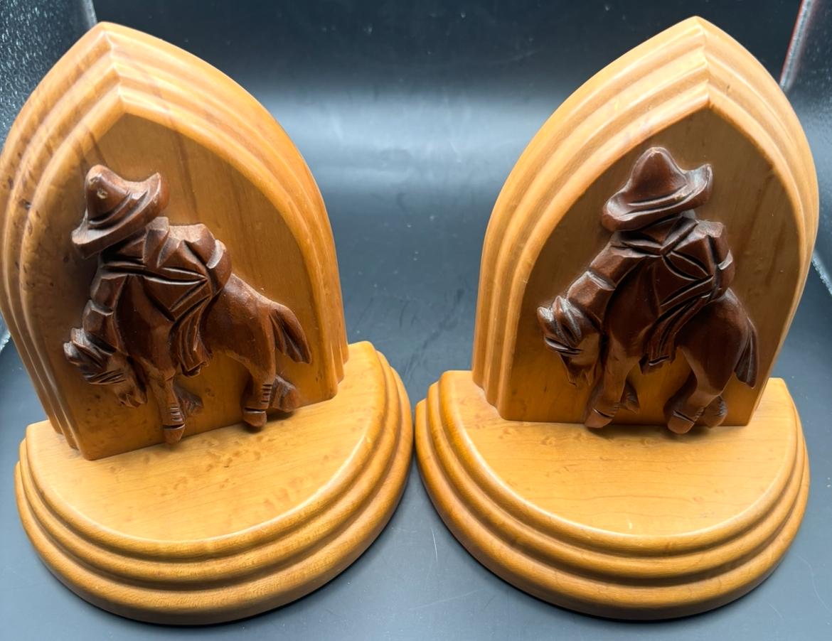 Vintage Blecher Hand Carved Horse and Cowboy Maple Wood Matching Bookends Lover Antiques and Vintage