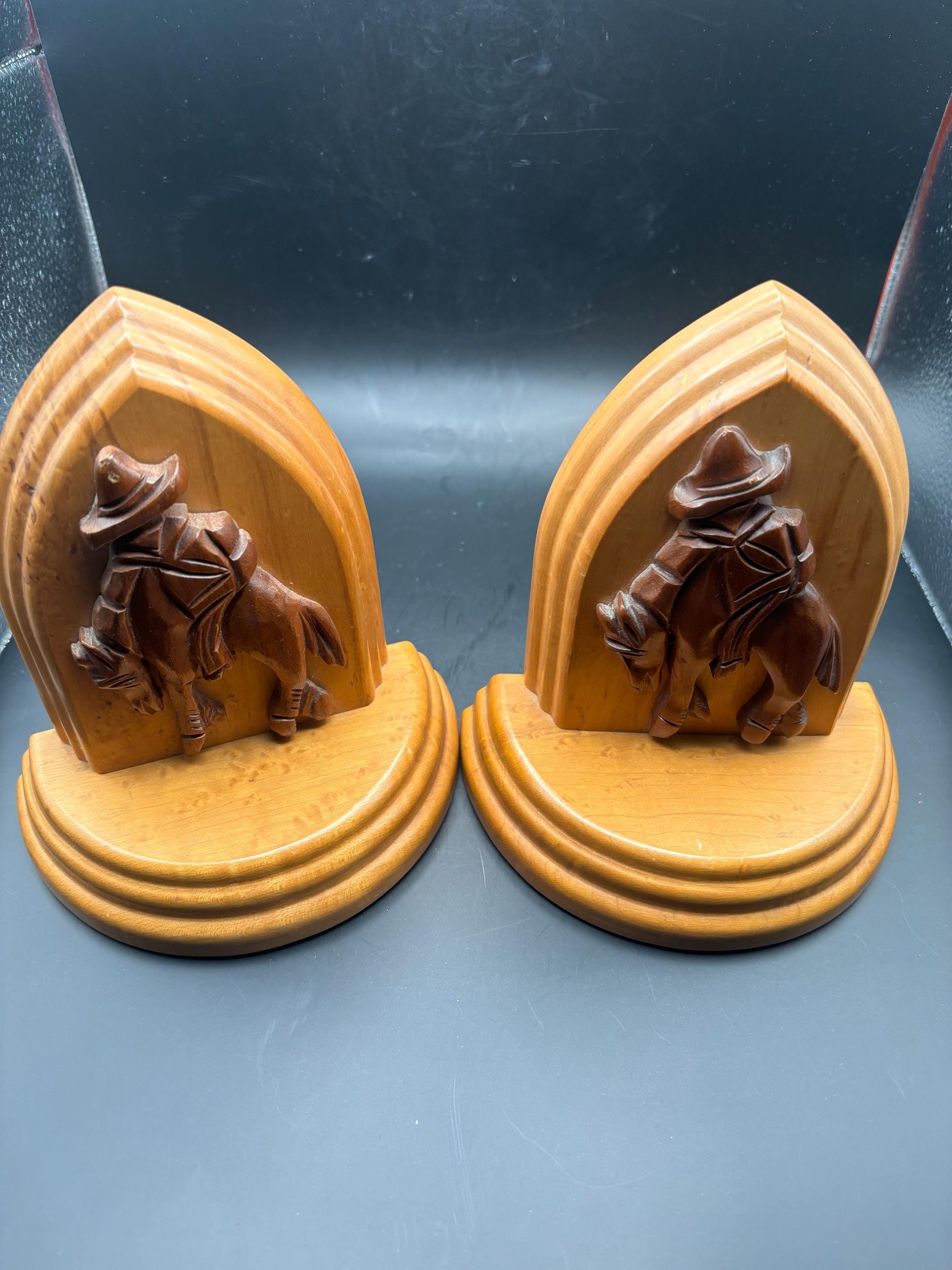 Vintage Blecher Hand Carved Horse & Cowboy Matching Bookends at LAV!