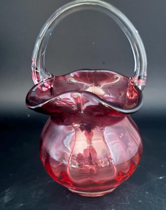Vintage Fenton Cranberry Ruffled Basket Pink Glass Vase Art Glass Home Decor Lover Antiques and Vintage