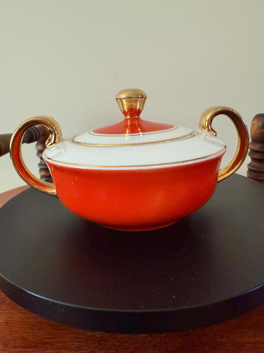 Vintage Elegant Porcelain Orange and 22K Gold Trimmed Sugar Bowl with Lid Made in Portugal Lover Antiques and Vintage