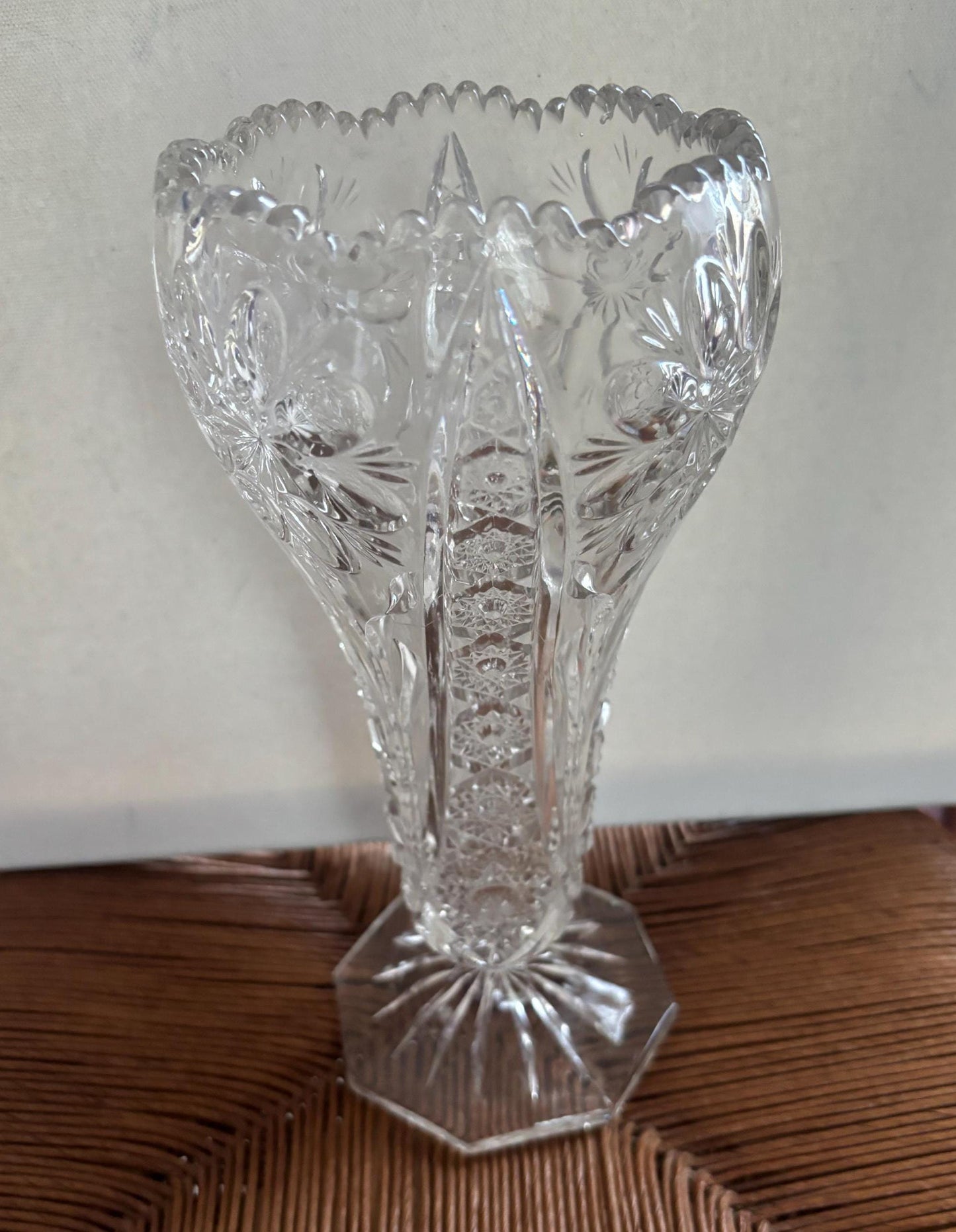 Antique Bohemia Crystal Cut Glass Footed Sawtooth Vase Lover Antiques and Vintage