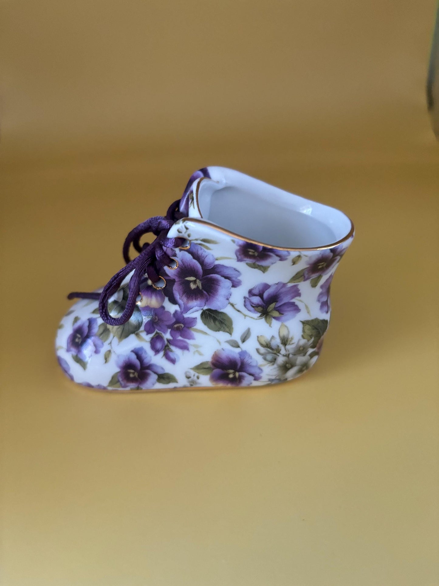 Vintage Nantucket Home Porcelain Baby Shoe with Purple Violets Gold Gilding and Purple Trim and Lace Lover Antiques and Vintage