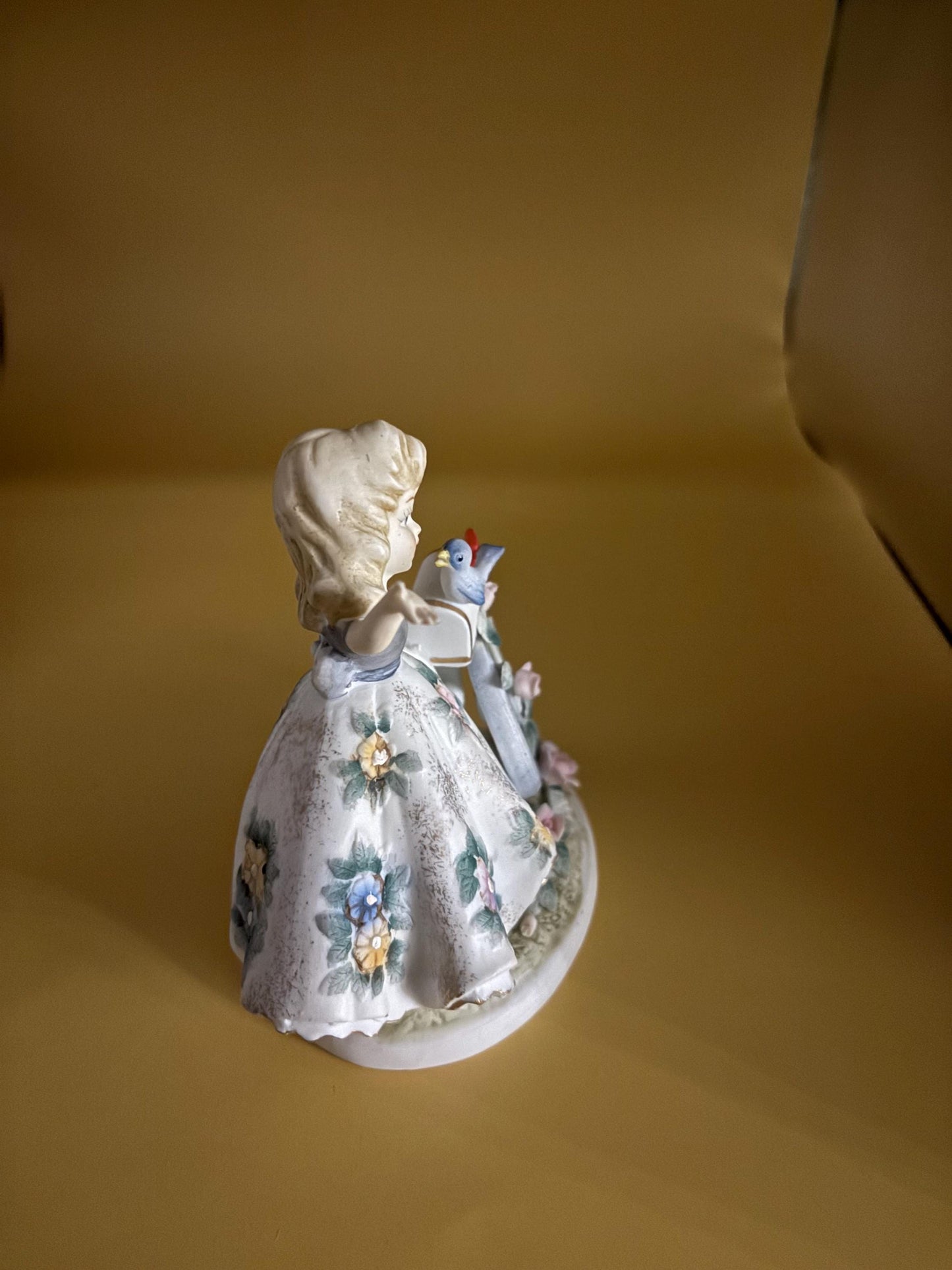 Vintage Lefton Girl Talking to Blue Bird Hand Painted Porcelain Figurine Number KW21267C Lover Antiques and Vintage
