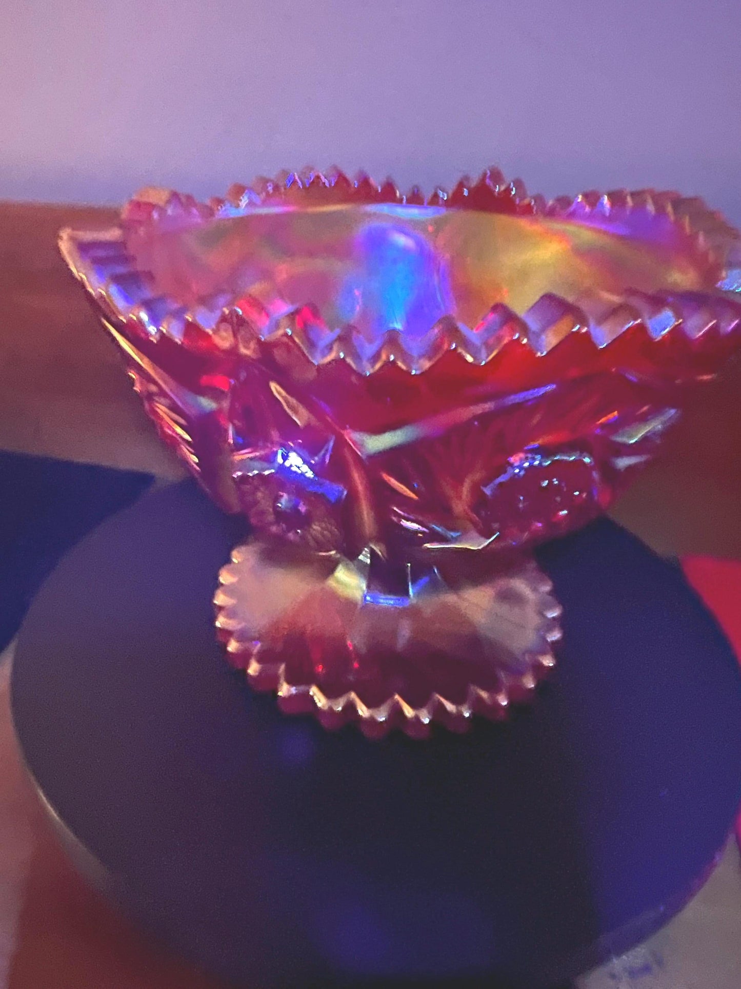 LE Smith Ruby Red Carnival Glass Footed Bowl, Heritage Aztec Ruby Red, Red Carnival Glass Bowl, Lover Antiques and Vintage