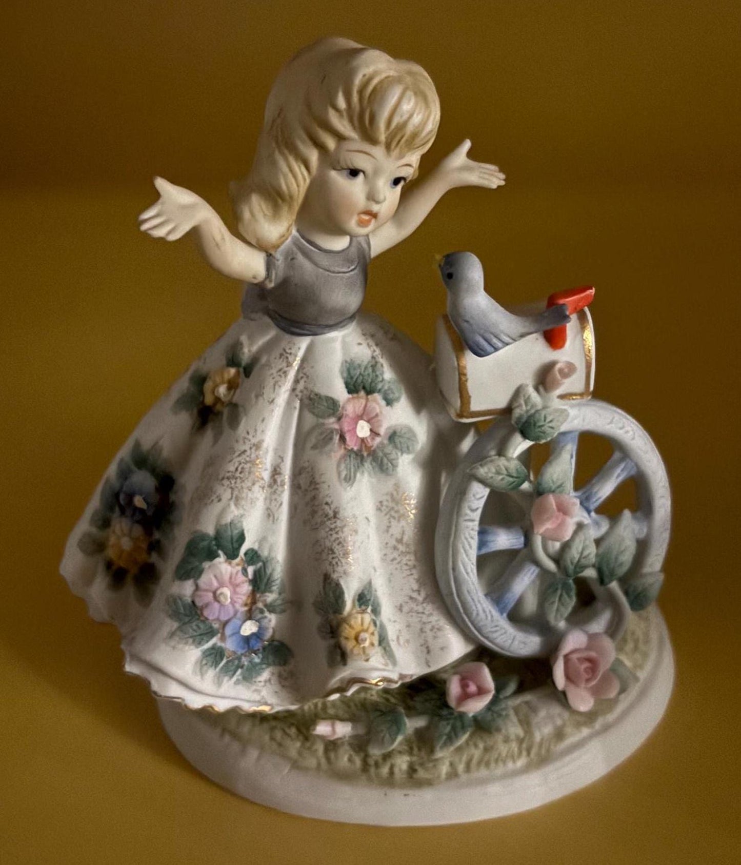 Vintage Lefton Girl Talking to Blue Bird Hand Painted Porcelain Figurine Number KW21267C Lover Antiques and Vintage