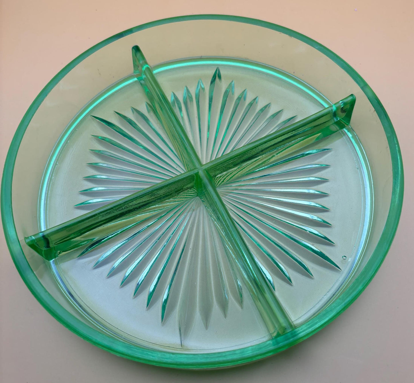 Vintage Crossbar Darcy and Button Vaseline Glass Divided Dish Plate Uranium Glass Lover Antiques and Vintage