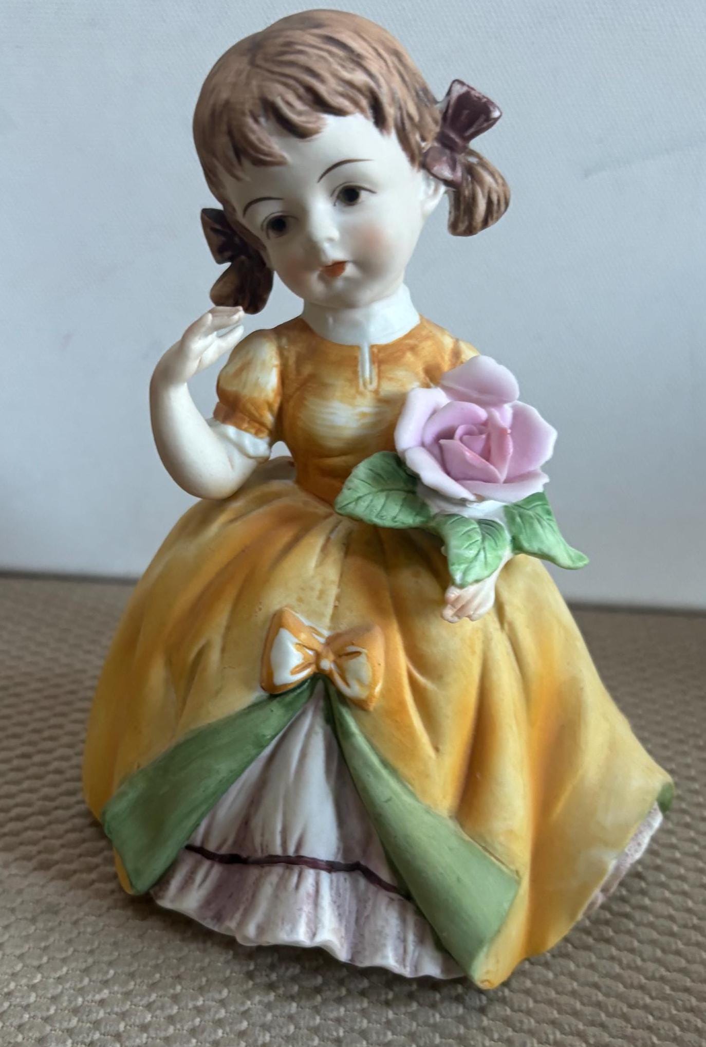 Vintage Lefton Large Girl Figurine Porcelain Hand Painted Figurine with Yellow Dress Made in Japan Japanese Lover Antiques and Vintage
