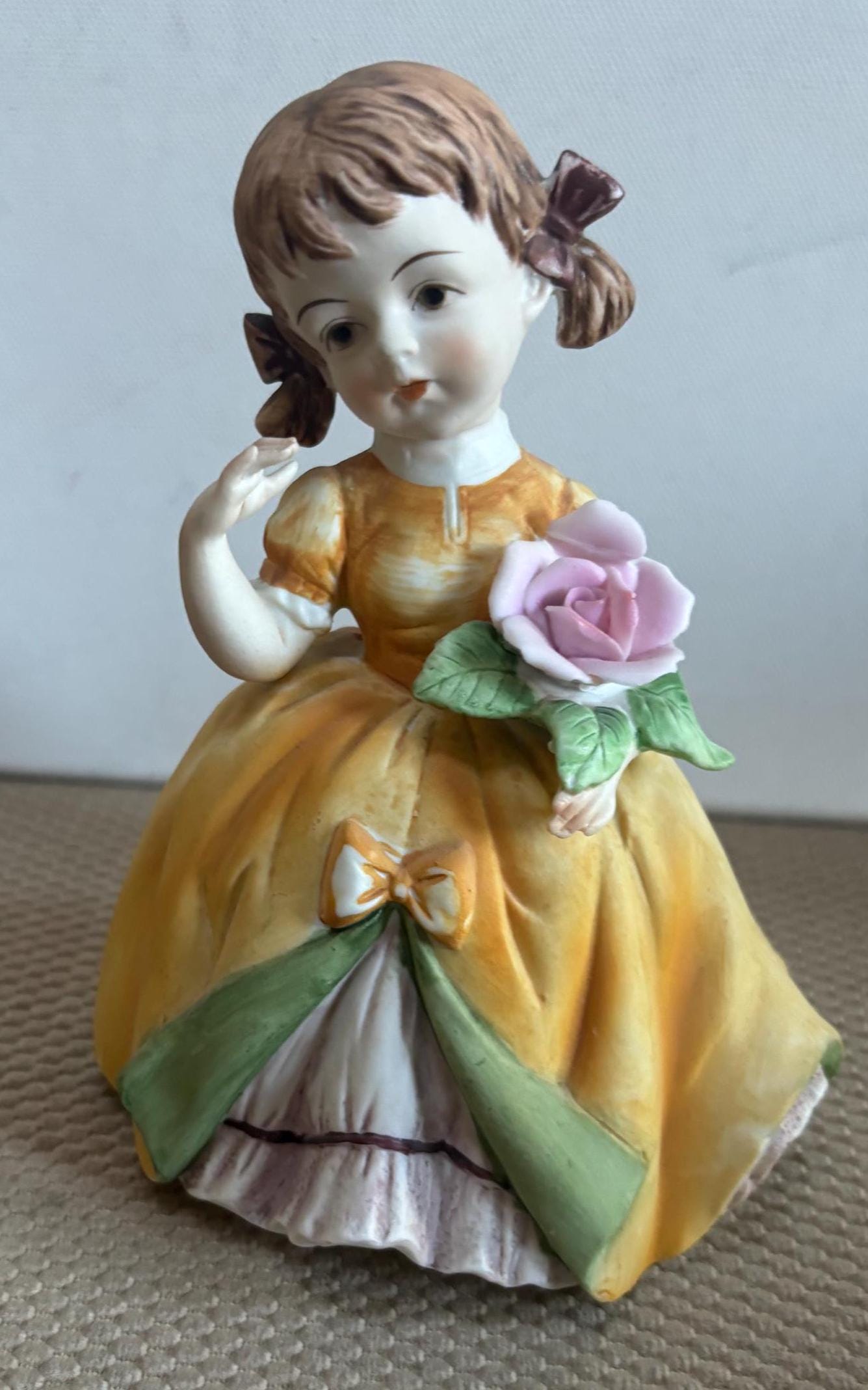 Vintage Lefton Large Girl Figurine Porcelain Hand Painted Figurine with Yellow Dress Made in Japan Japanese Lover Antiques and Vintage