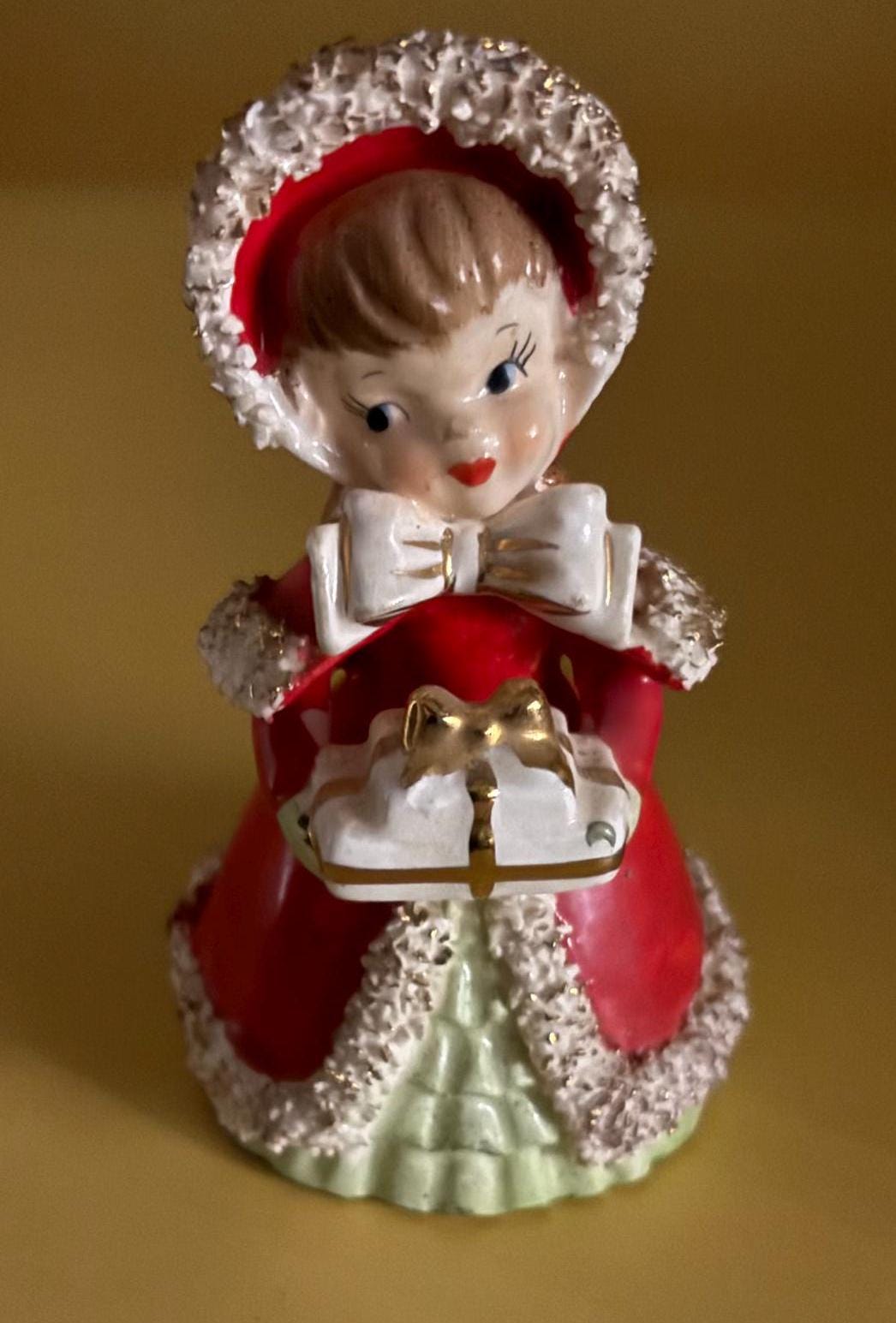 Vintage Lefton Christmas Girl Bell Hand Painted Porcelain Figurines Japanese Lover Antiques and Vintage