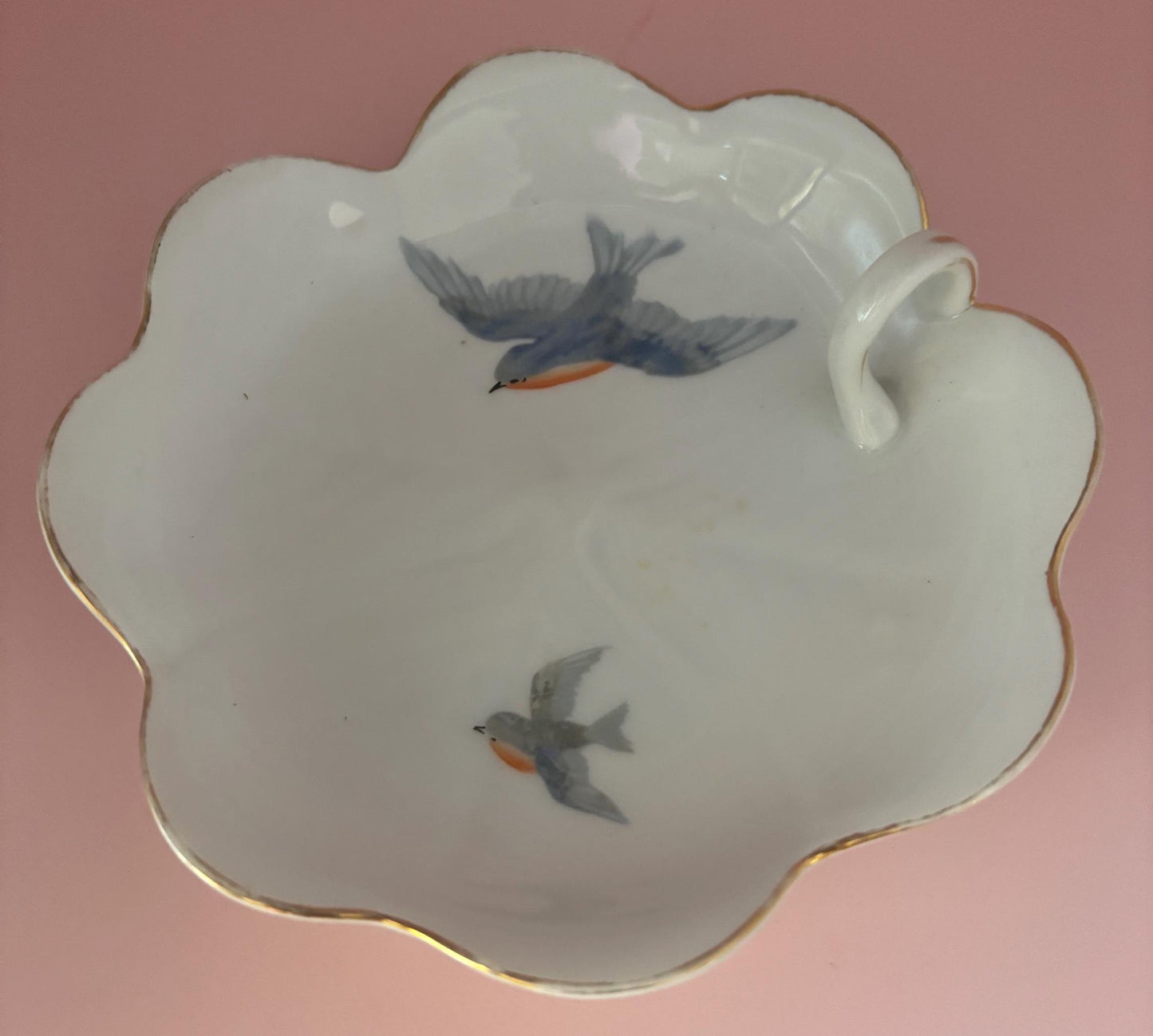 Antique Nippon Birds in Flight Hand Painted Porcelain Bowl with Gold Gilding Bird Plate with Handle Lover Antiques