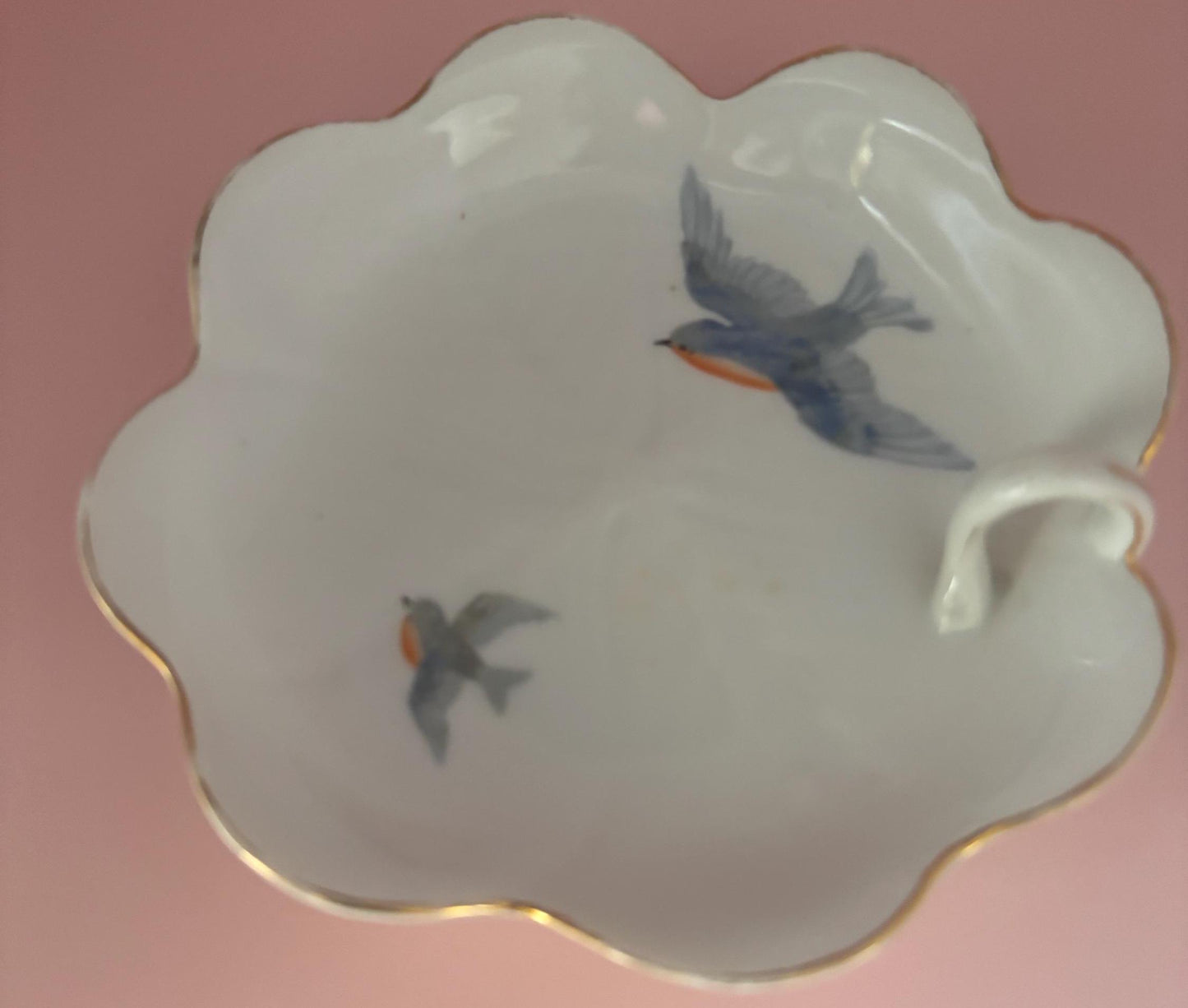 Antique Nippon Birds in Flight Hand Painted Porcelain Bowl with Gold Gilding Bird Plate with Handle Lover Antiques