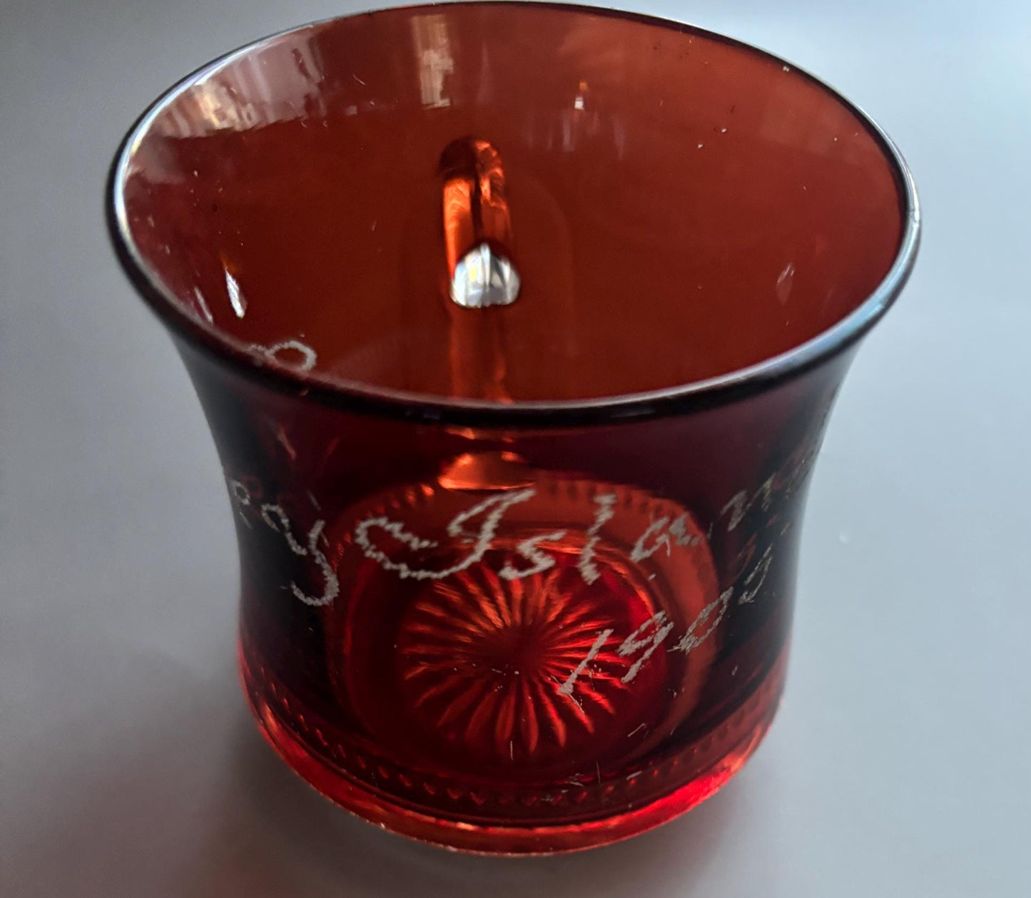 Antique Ruby Red Flashed Coney Island 1905 Red Glass Cup Souvenir Lover Antiques and Vintage