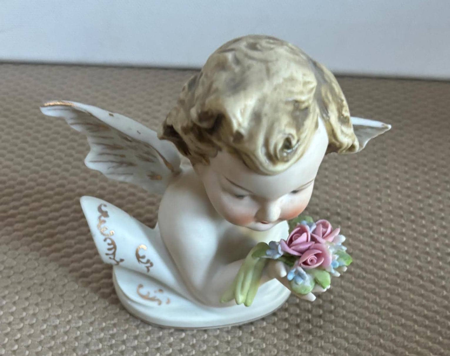 Vintage Lefton Cherub Holding Flowers Hand Painted Porcelain Angel Figurine Japanese Lover Antiques and Vintage