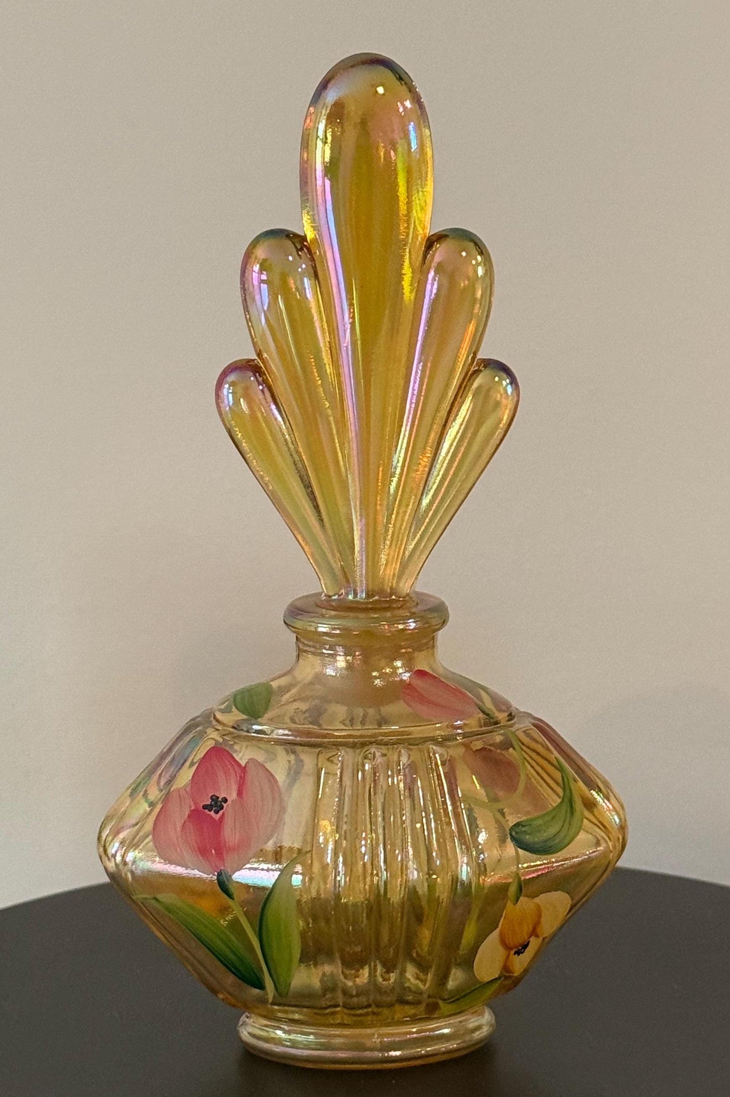 Vintage Fenton Art Glass Perfume Bottle Autumn Gold Carnival Glass Hand Painted by C. Hall Lover Antiques and Vintage