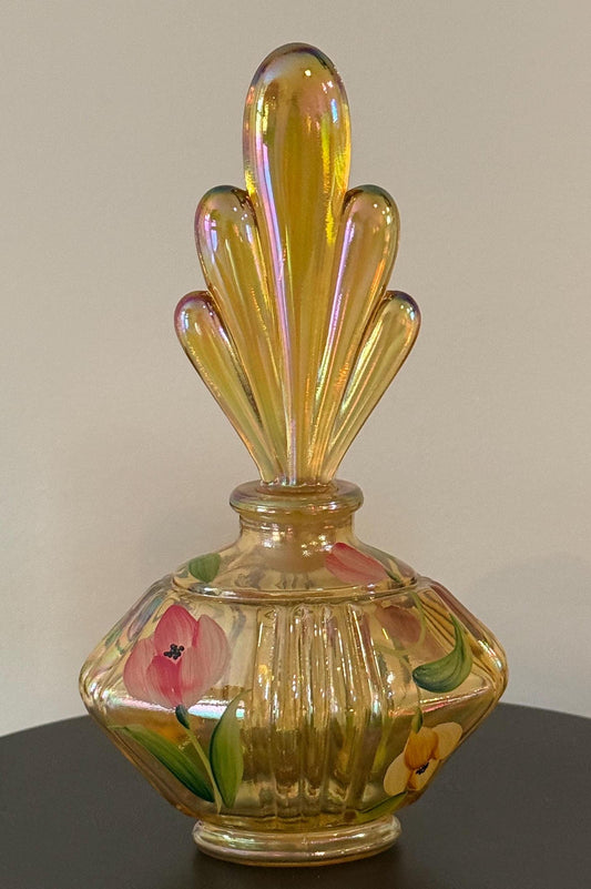 Vintage Fenton Art Glass Perfume Bottle Autumn Gold Carnival Glass Hand Painted by C. Hall Lover Antiques and Vintage