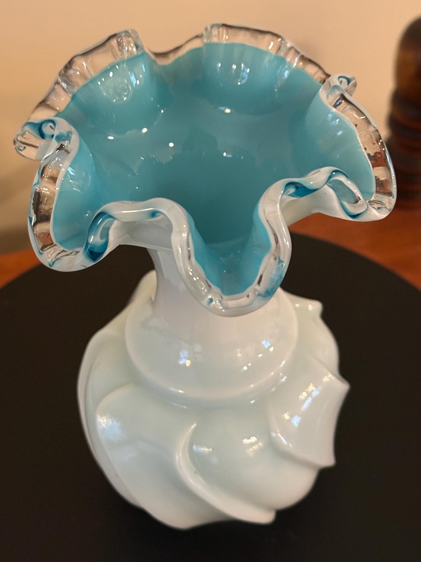 Vintage Fenton Silvercrest Jamestown Wave Crest Blue Ruffled Top with White Overlay Vase Lover Antiques and Vintage