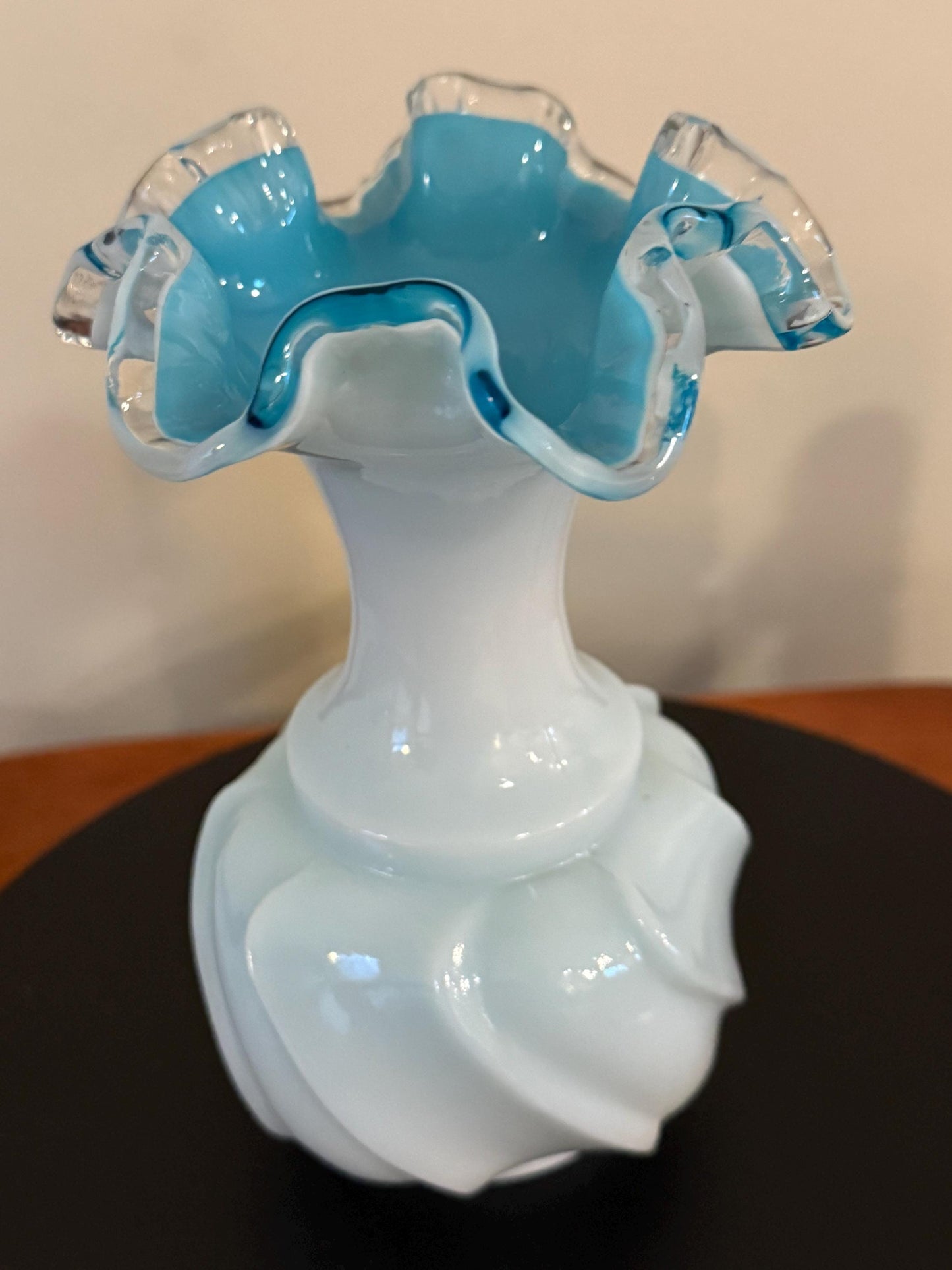 Vintage Fenton Silvercrest Jamestown Wave Crest Blue Ruffled Top with White Overlay Vase Lover Antiques and Vintage