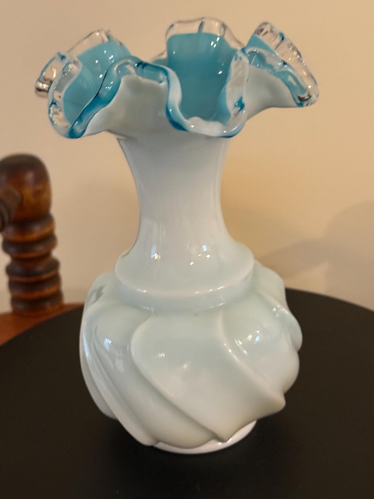 Vintage Fenton Silvercrest Jamestown Wave Crest Blue Ruffled Top with White Overlay Vase Lover Antiques and Vintage