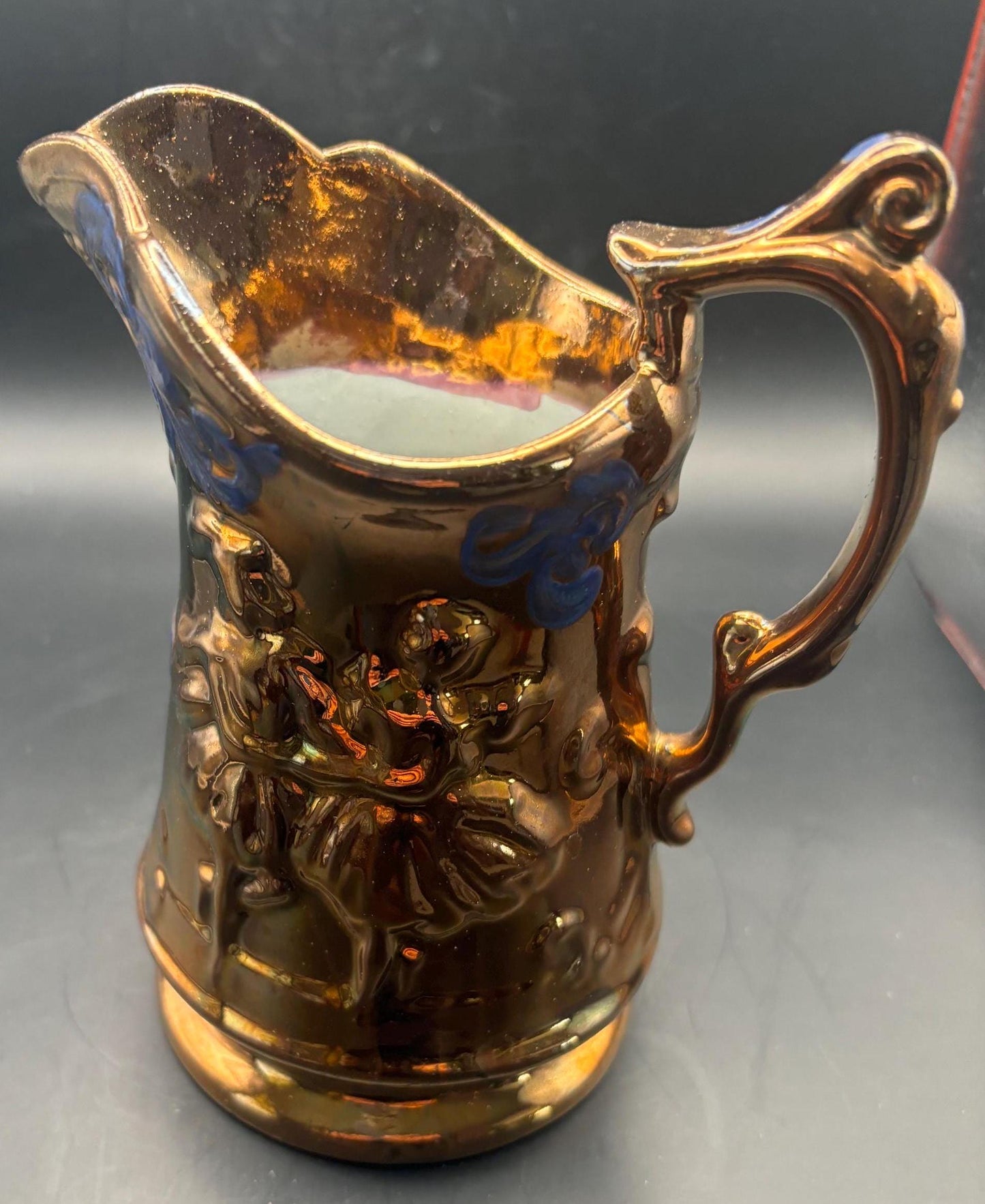 Antique Stafforshire Hand Painted Copper Lustreware Pitcher Circa 1880’s Dancing Couple Lover Antiques and Vintage