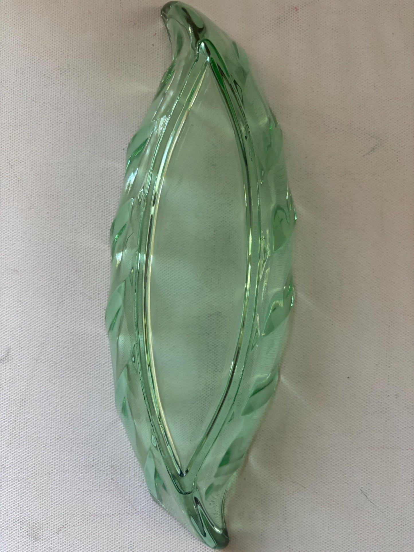 Antique Heisey Glass Green Leaf Bowl 10” long Lover Antiques and Vintage