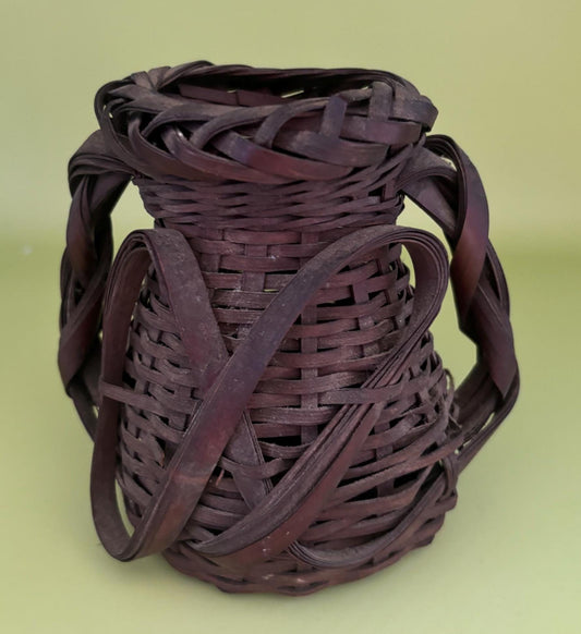 Antique Japanese Ikebana Leather and Bamboo Weaved Basket with Two Side Handles Lover Antiques and Vintage