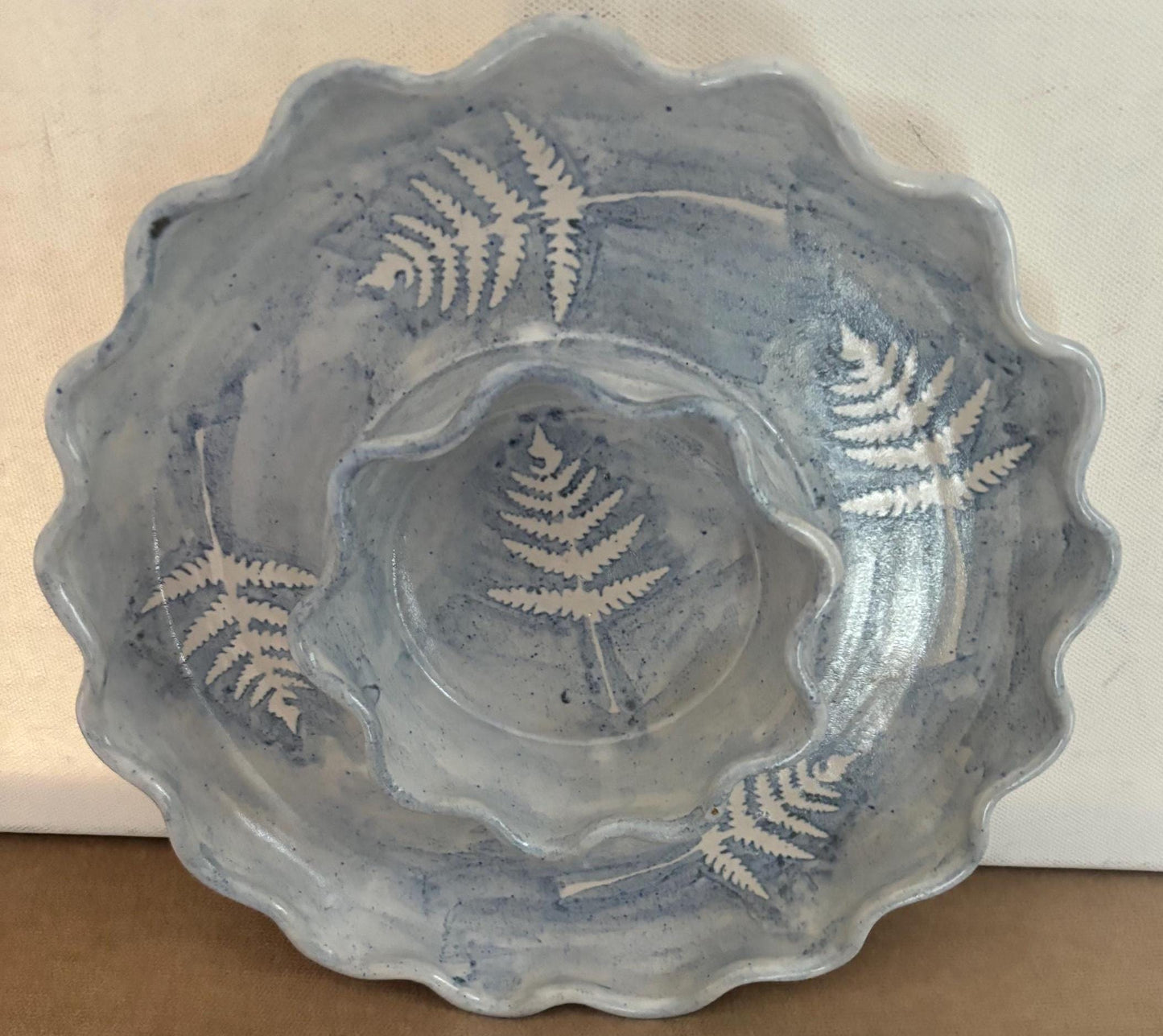 Vintage Blue Stone with Stenciled Leaf Design Bowl Tray Hors d'oeuvre Platter Signed Cape Cod Lilli Lover Antiques and Vintage