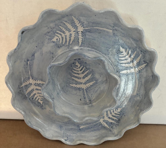 Vintage Blue Stone with Stenciled Leaf Design Bowl Tray Hors d'oeuvre Platter Signed Cape Cod Lilli Lover Antiques and Vintage