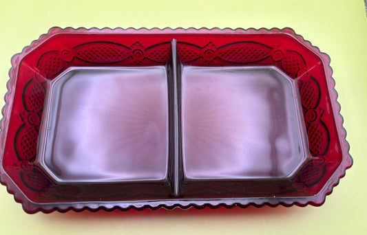 Ruby Red Glass Divided Glass Dish with Starburst Pattern Pretty Glass Lover Antiques and Vintage