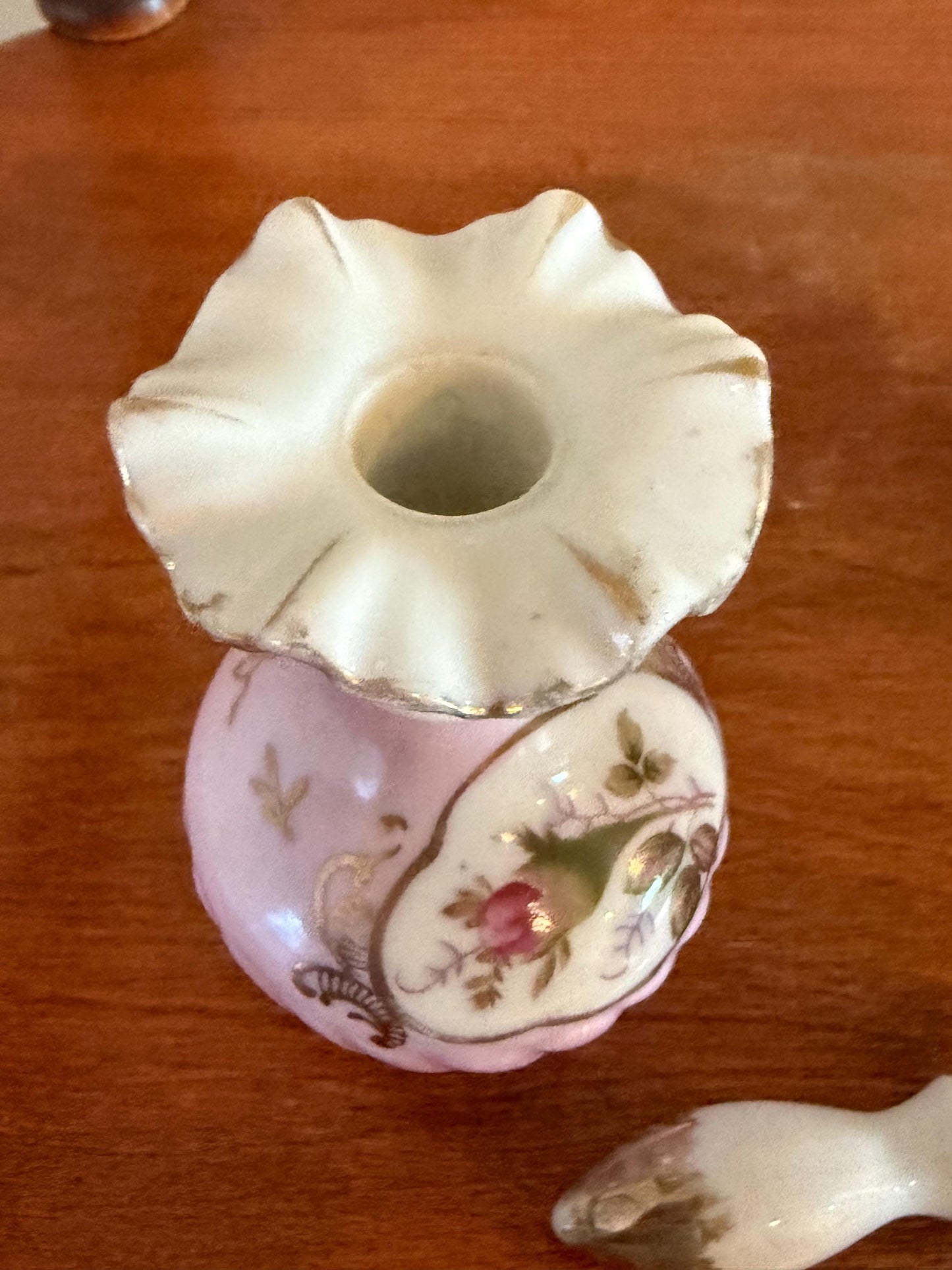 Antique Victorian Pair of Hand Painted Porcelain Bottles with Stopper Ruffled Top Gold Gilding Lover Antiques and Vintage