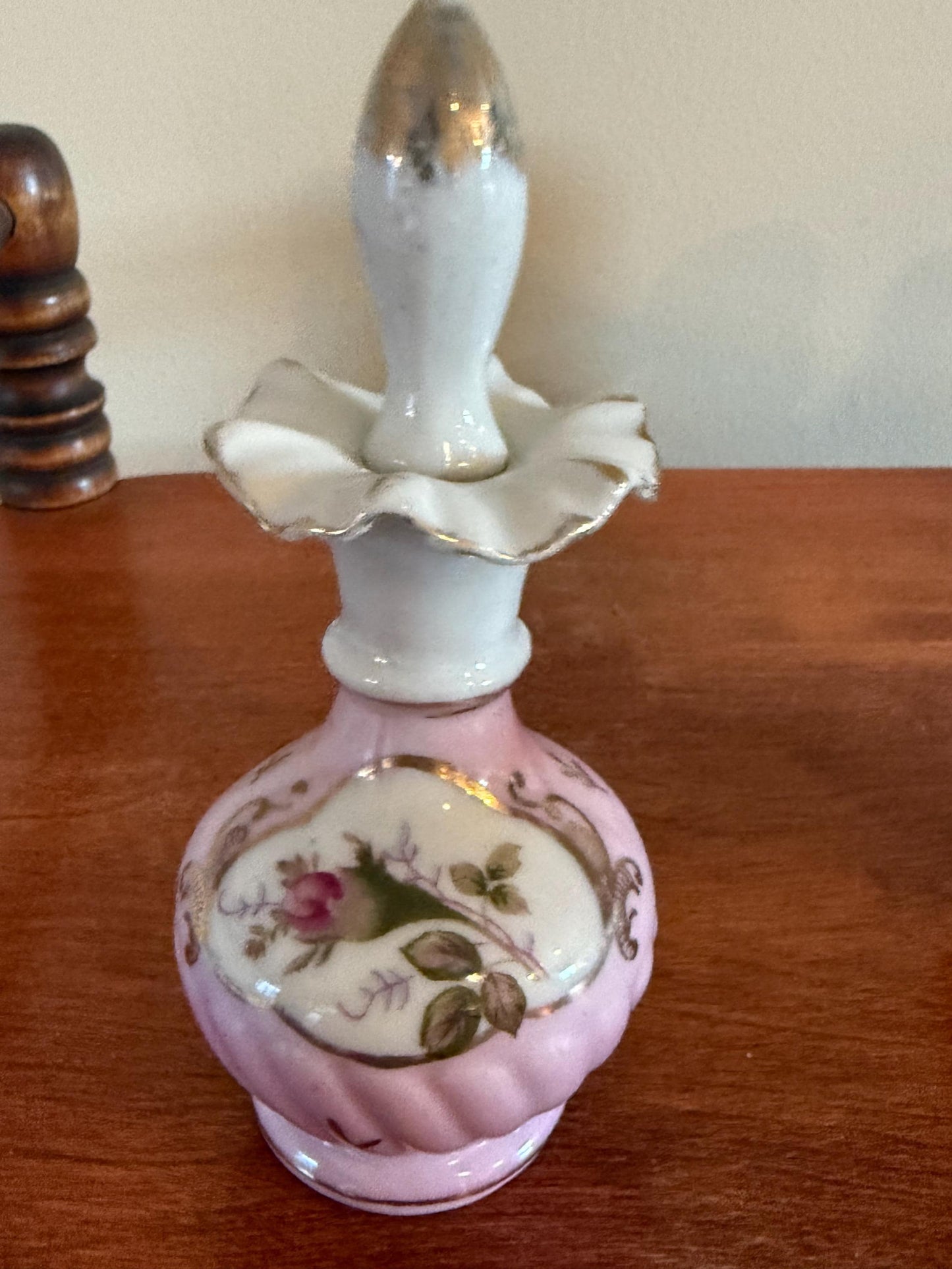Antique Victorian Pair of Hand Painted Porcelain Bottles with Stopper Ruffled Top Gold Gilding Lover Antiques and Vintage