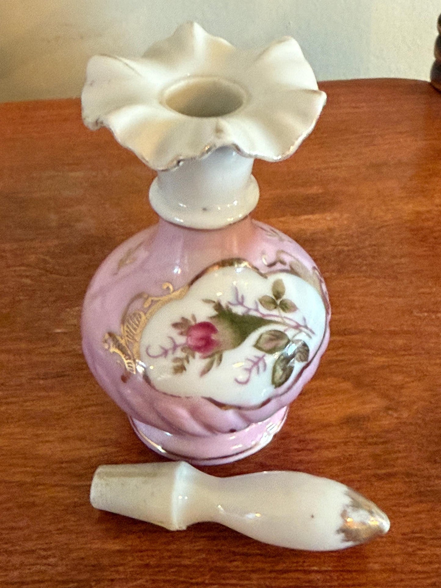 Antique Victorian Pair of Hand Painted Porcelain Bottles with Stopper Ruffled Top Gold Gilding Lover Antiques and Vintage