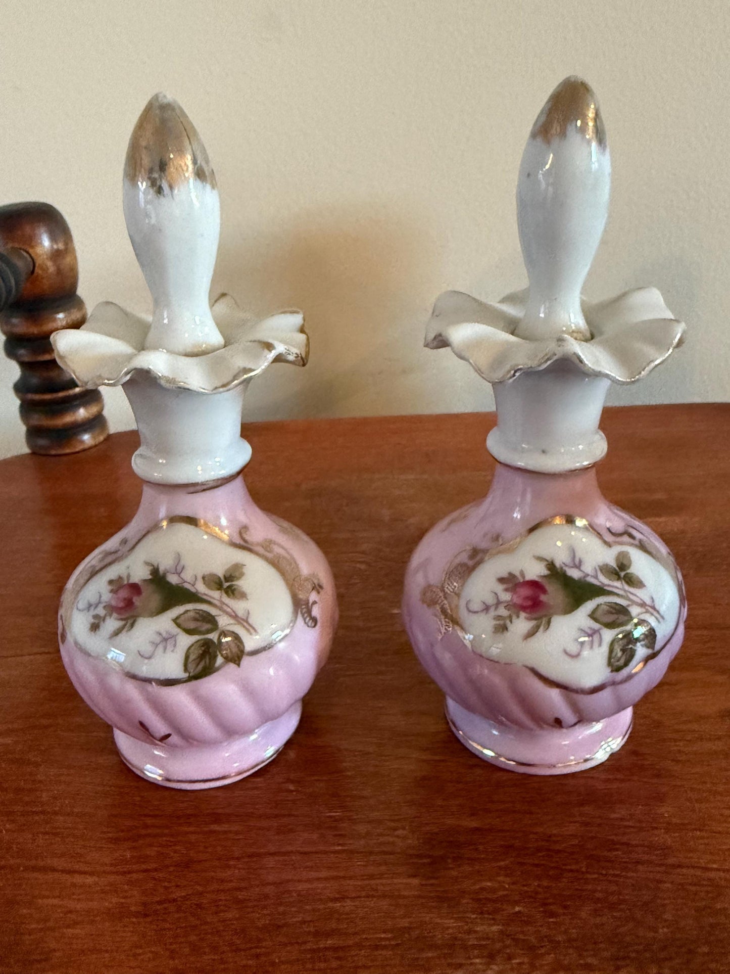 Antique Victorian Pair of Hand Painted Porcelain Bottles with Stopper Ruffled Top Gold Gilding Lover Antiques and Vintage