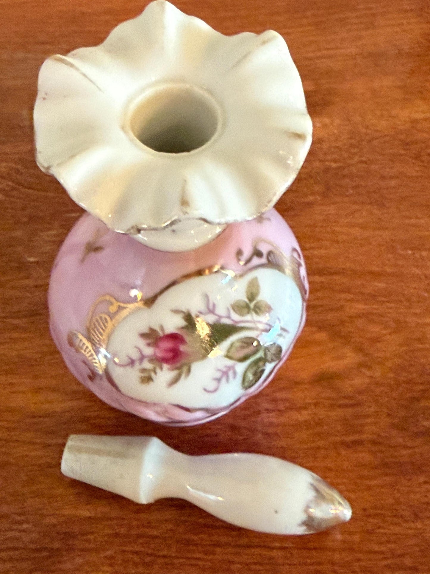 Antique Victorian Pair of Hand Painted Porcelain Bottles with Stopper Ruffled Top Gold Gilding Lover Antiques and Vintage