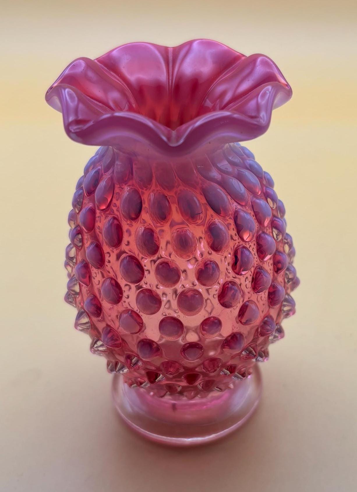 Vintage Fenton Cranberry Opalescent Miniature Hobnail Vase with Pedestal Lover Antiques and Vintage