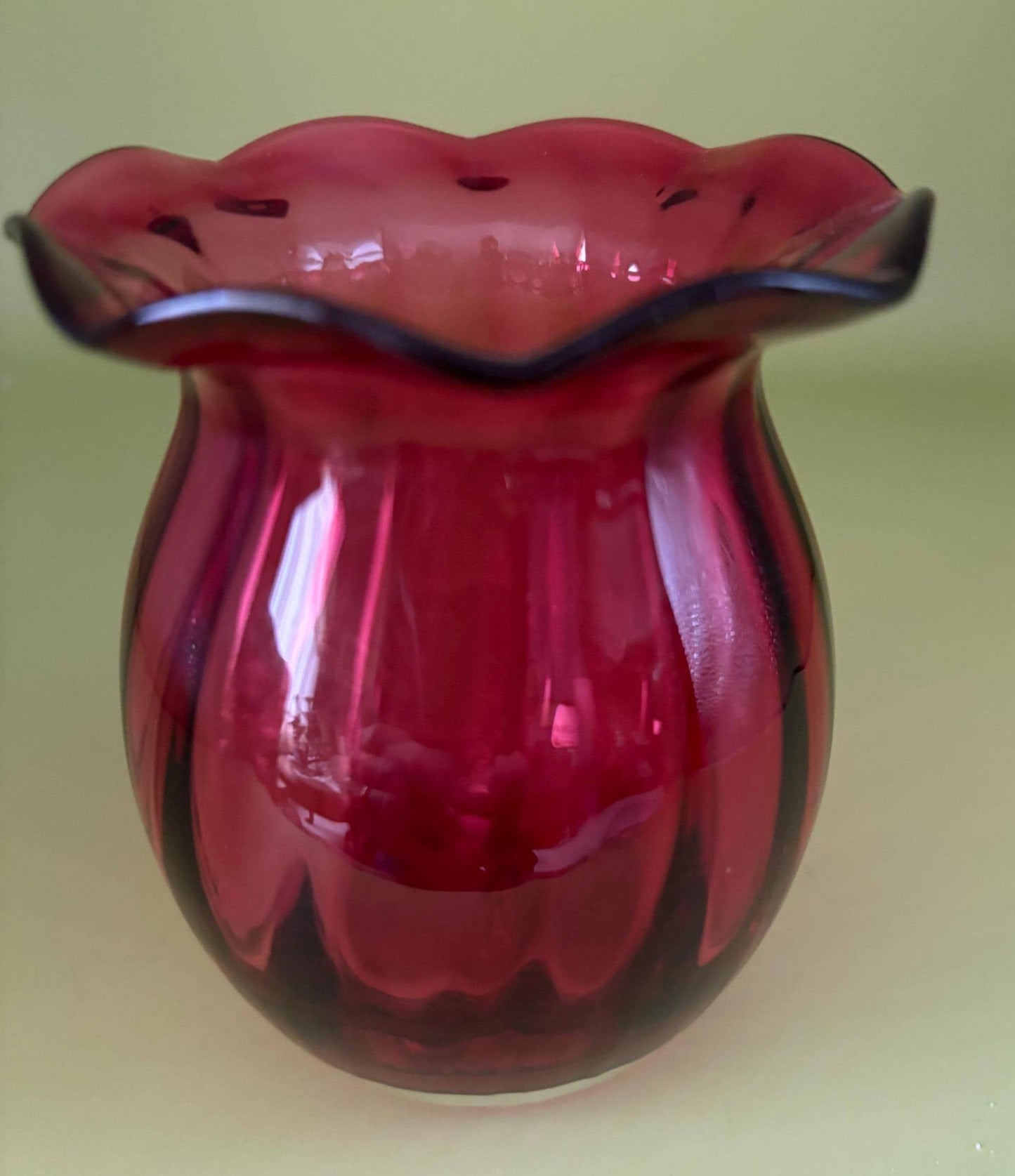 Vintage Cranberry Glass Vase Dark Pink Ruffled Top Lover Antiques and Vintage