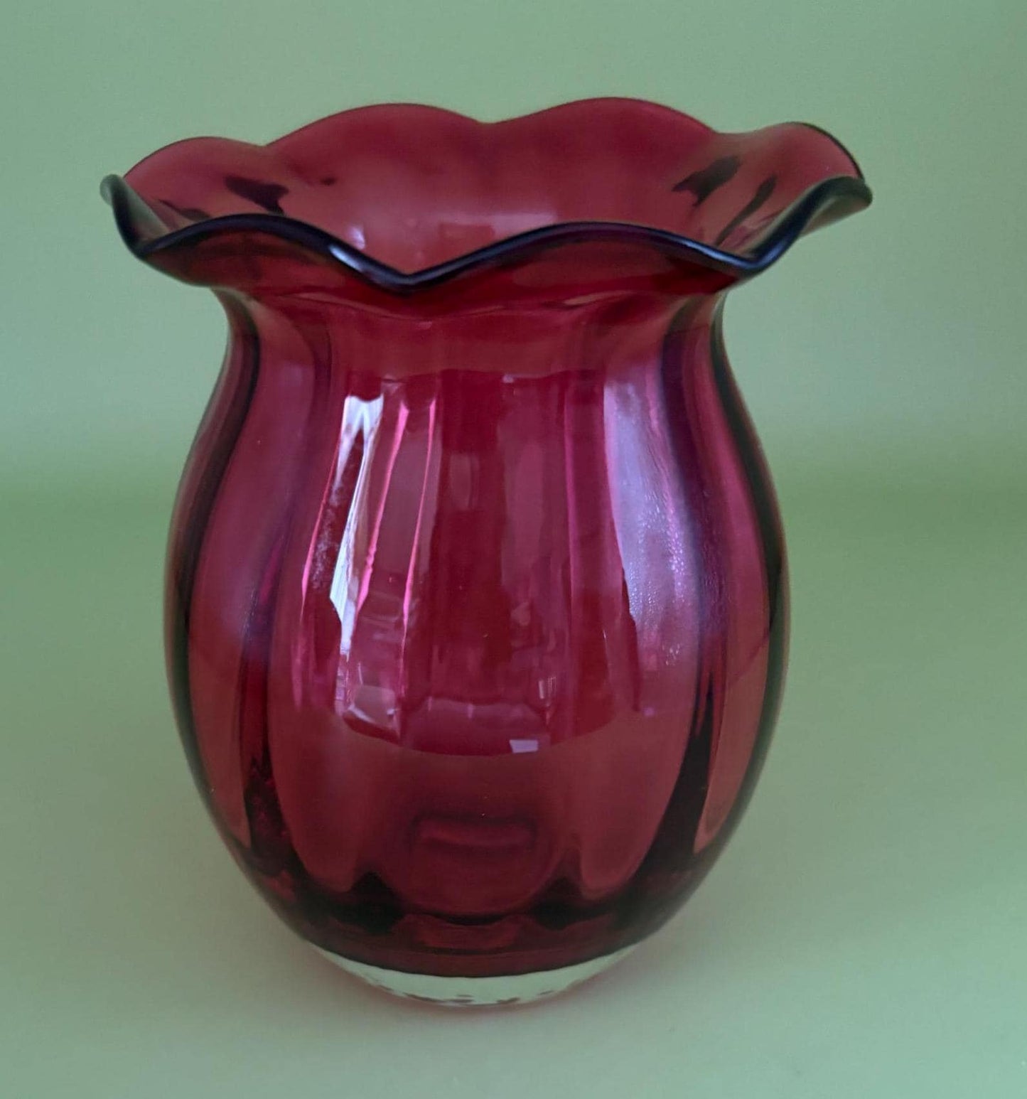 Vintage Cranberry Glass Vase Dark Pink Ruffled Top Lover Antiques and Vintage